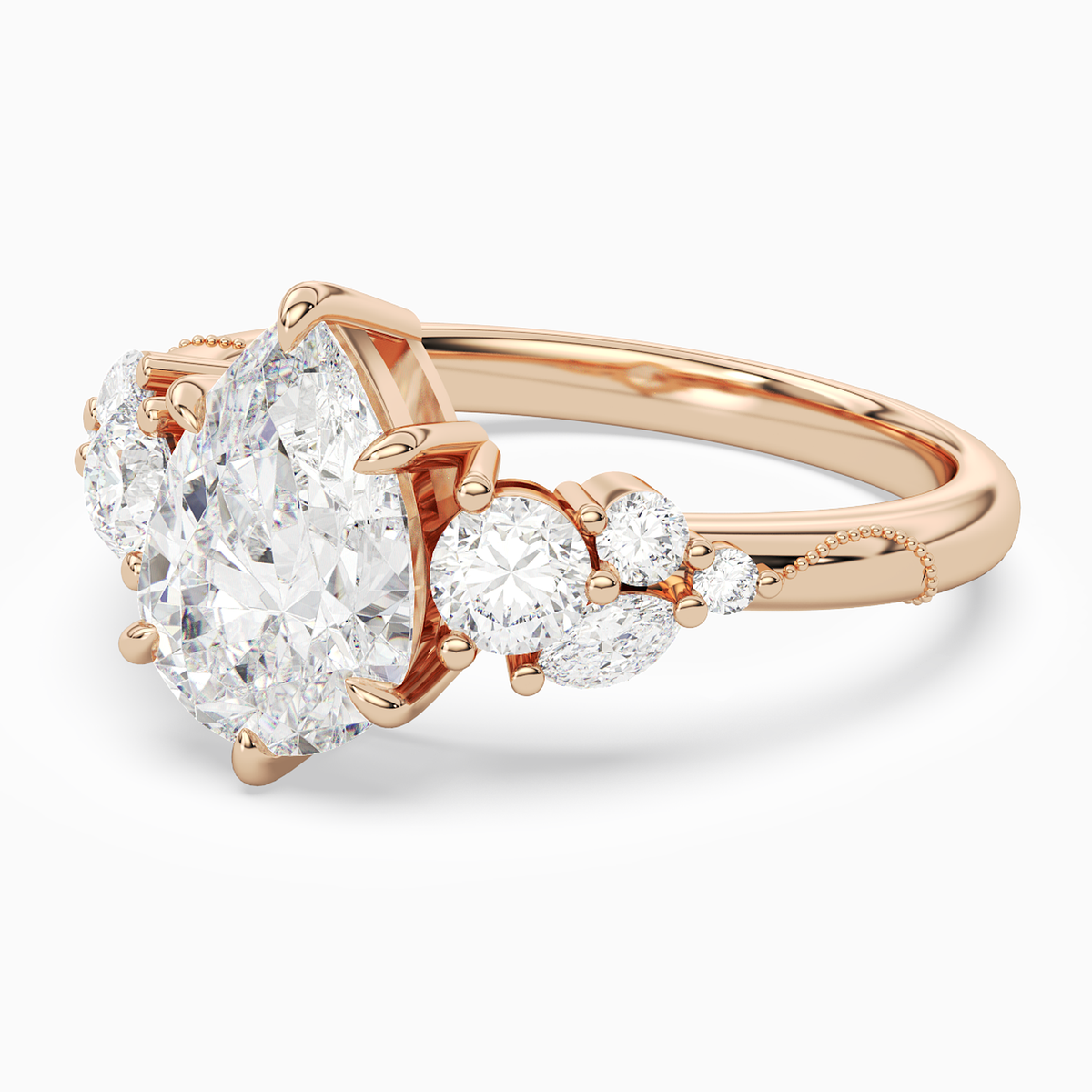 Pear Composite Three Stone Ring in 14K Rose Gold top angle