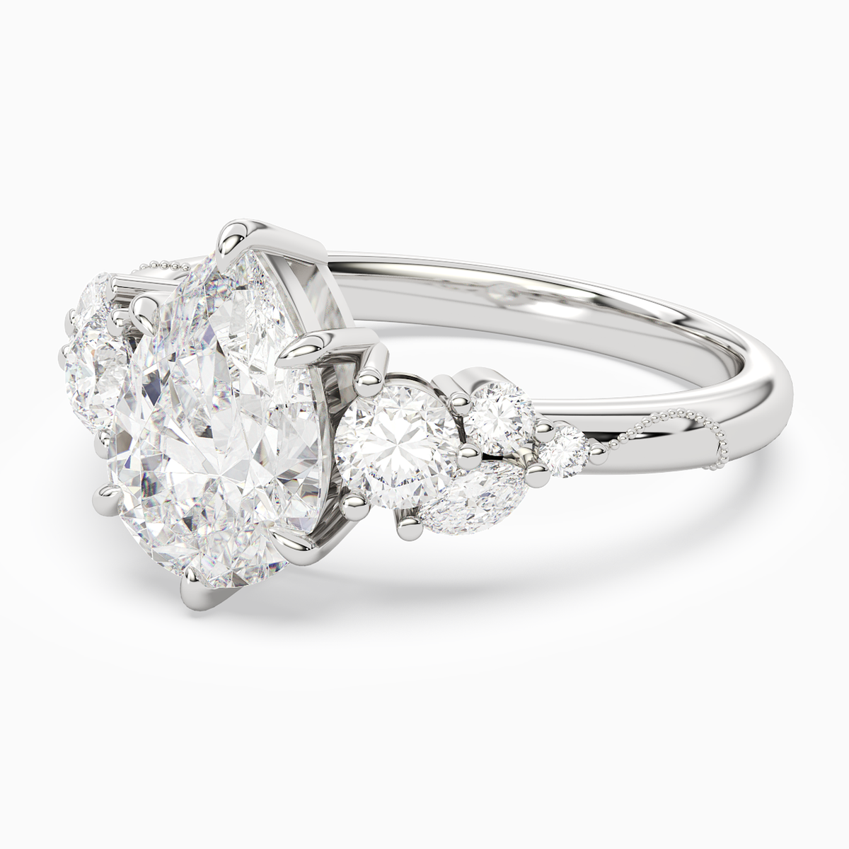 Pear Composite Three Stone Ring in 18K White Gold top angle