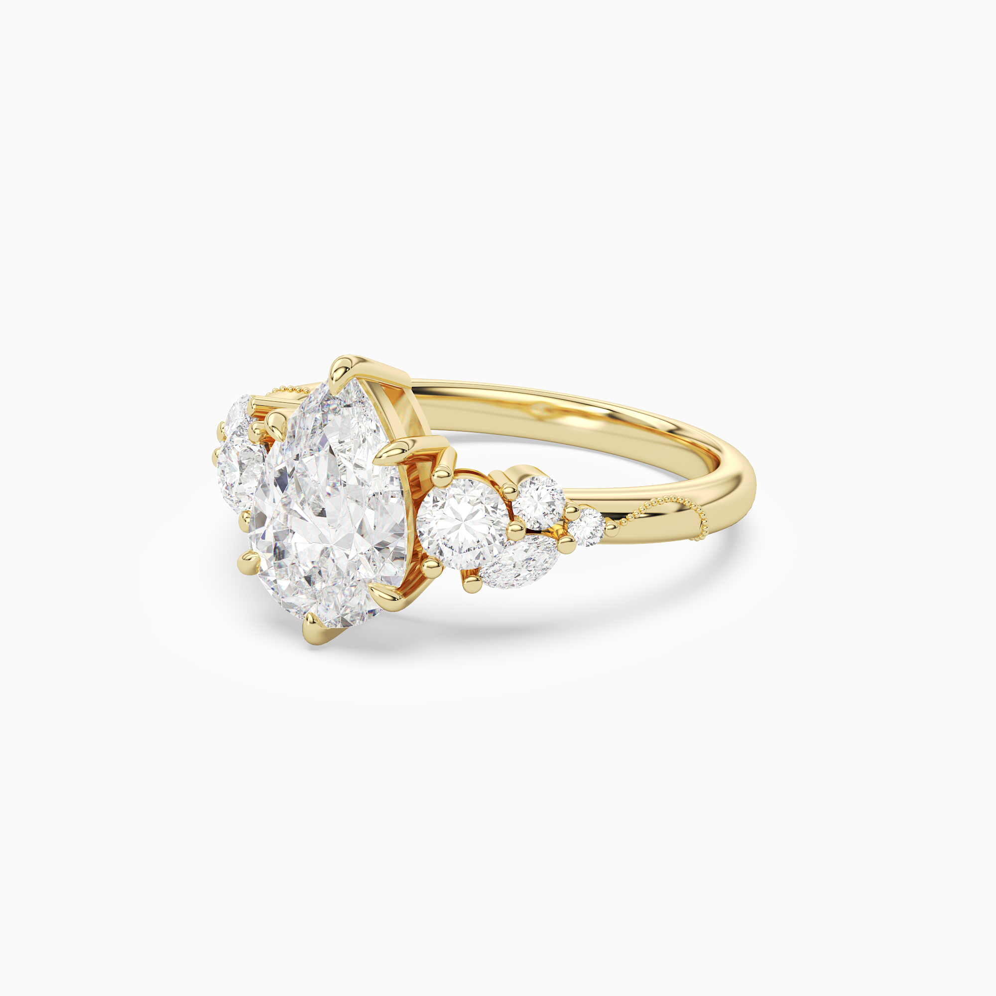 Pear Composite Three Stone Ring in 18K Yellow Gold top angle