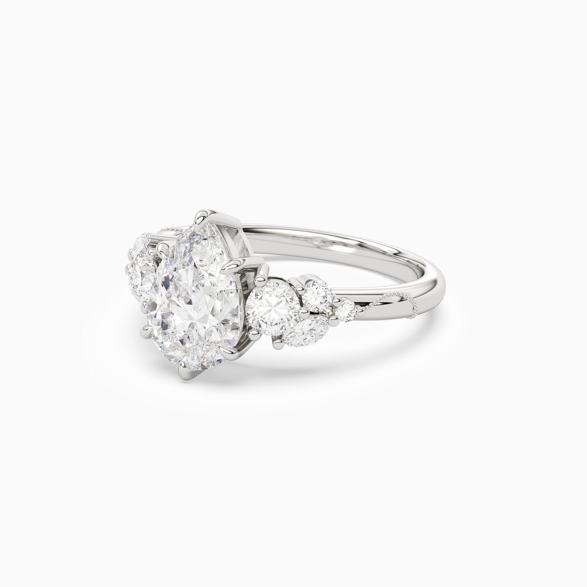 Pear Composite Three Stone Ring in Platinum top angle
