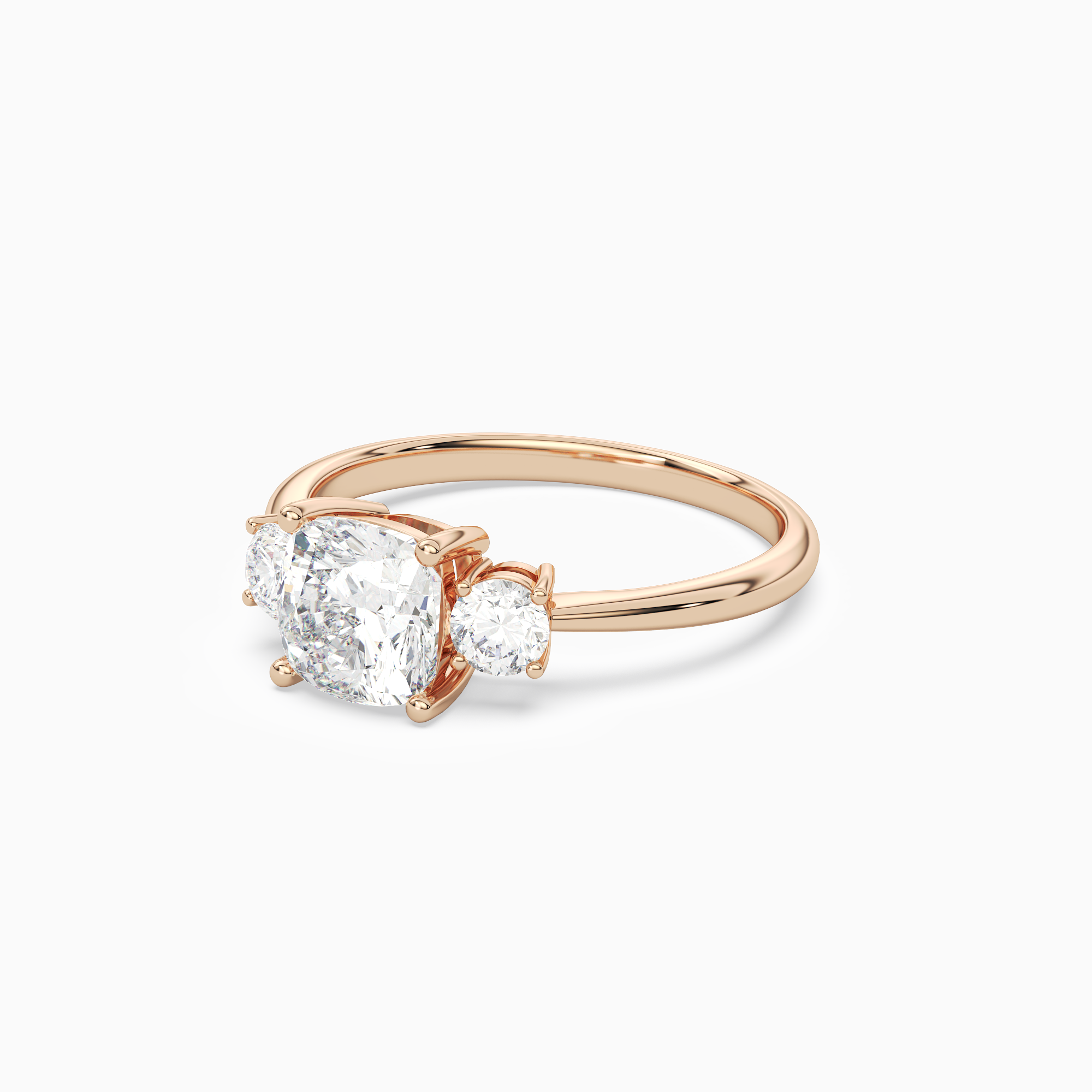 Cushion Classic Round Three Stone Large Sides in 14K Rose Gold top angle