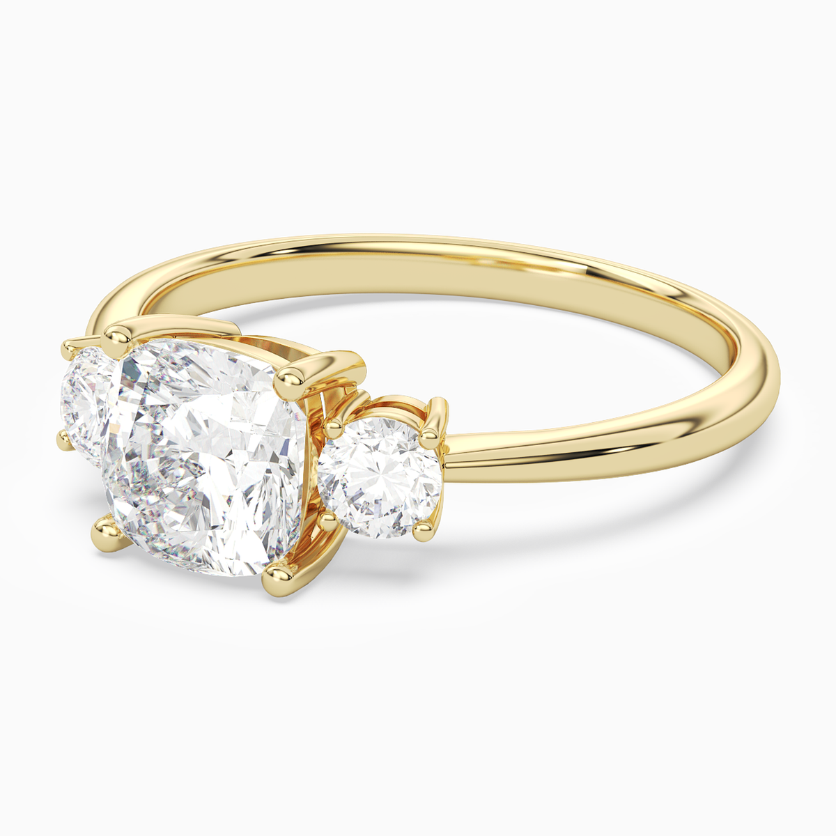 Cushion Classic Round Three Stone Large Sides in 14K Yellow Gold top angle