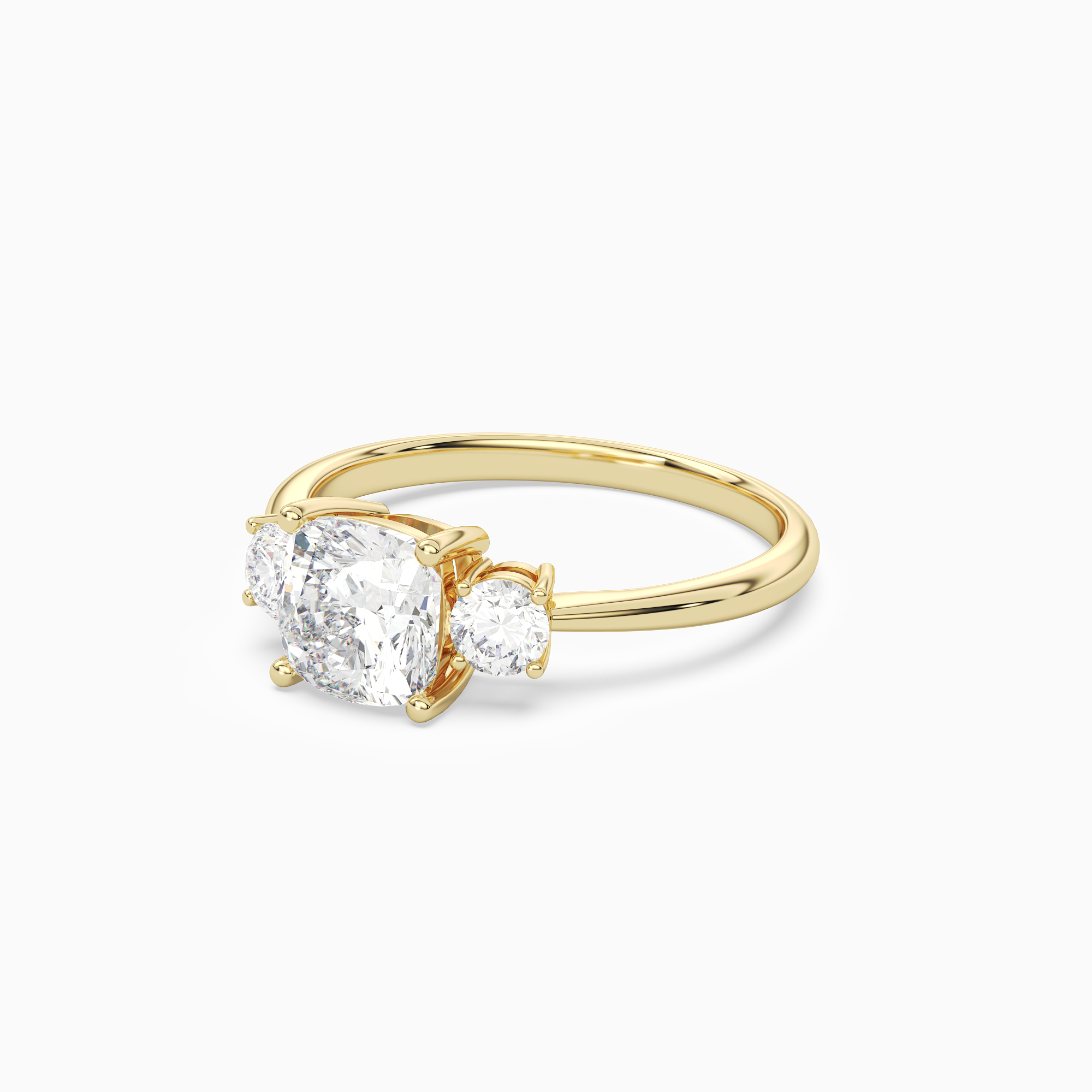 Cushion Classic Round Three Stone Large Sides in 18K Yellow Gold top angle