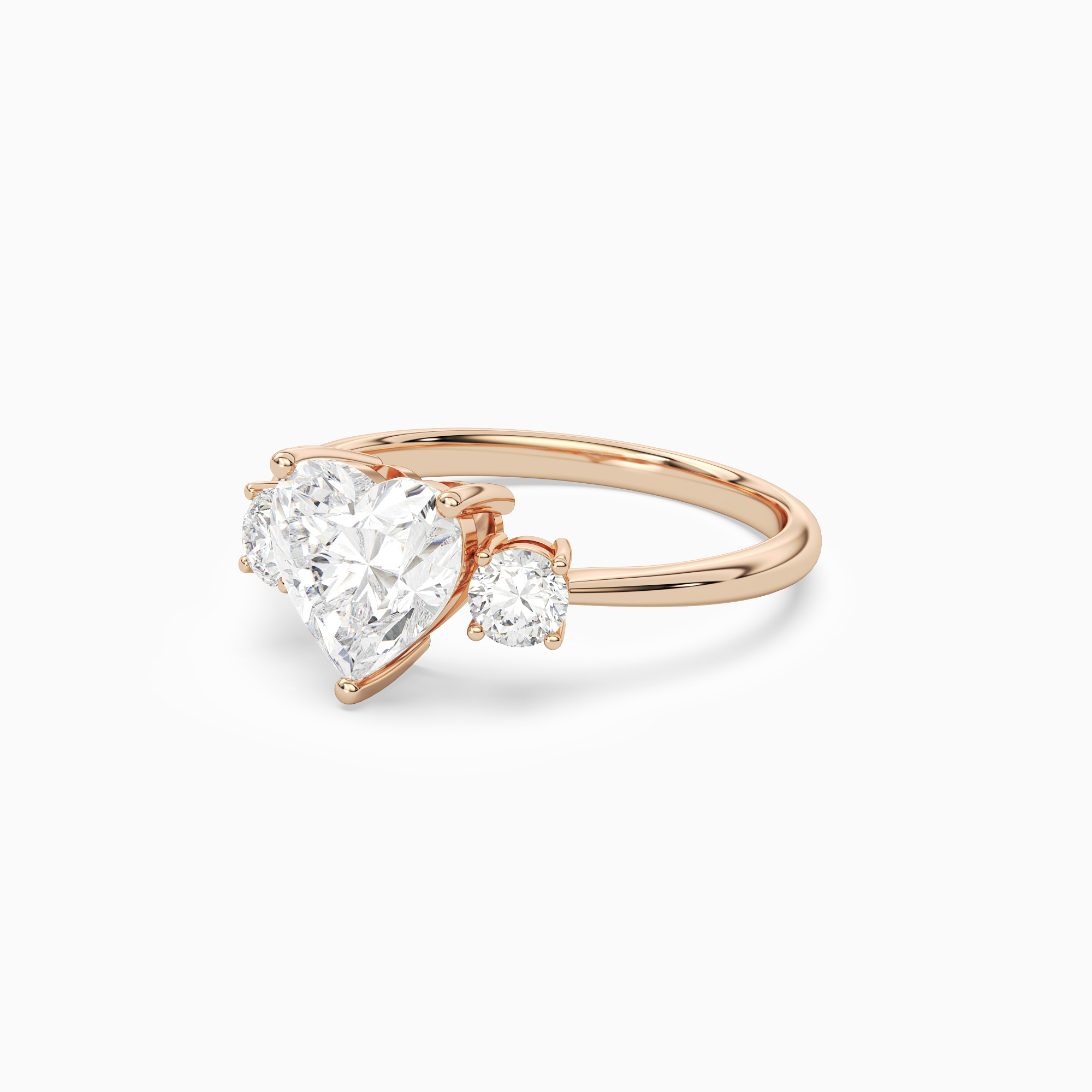 Heart Classic Round Three Stone Large Sides in 14K Rose Gold top angle
