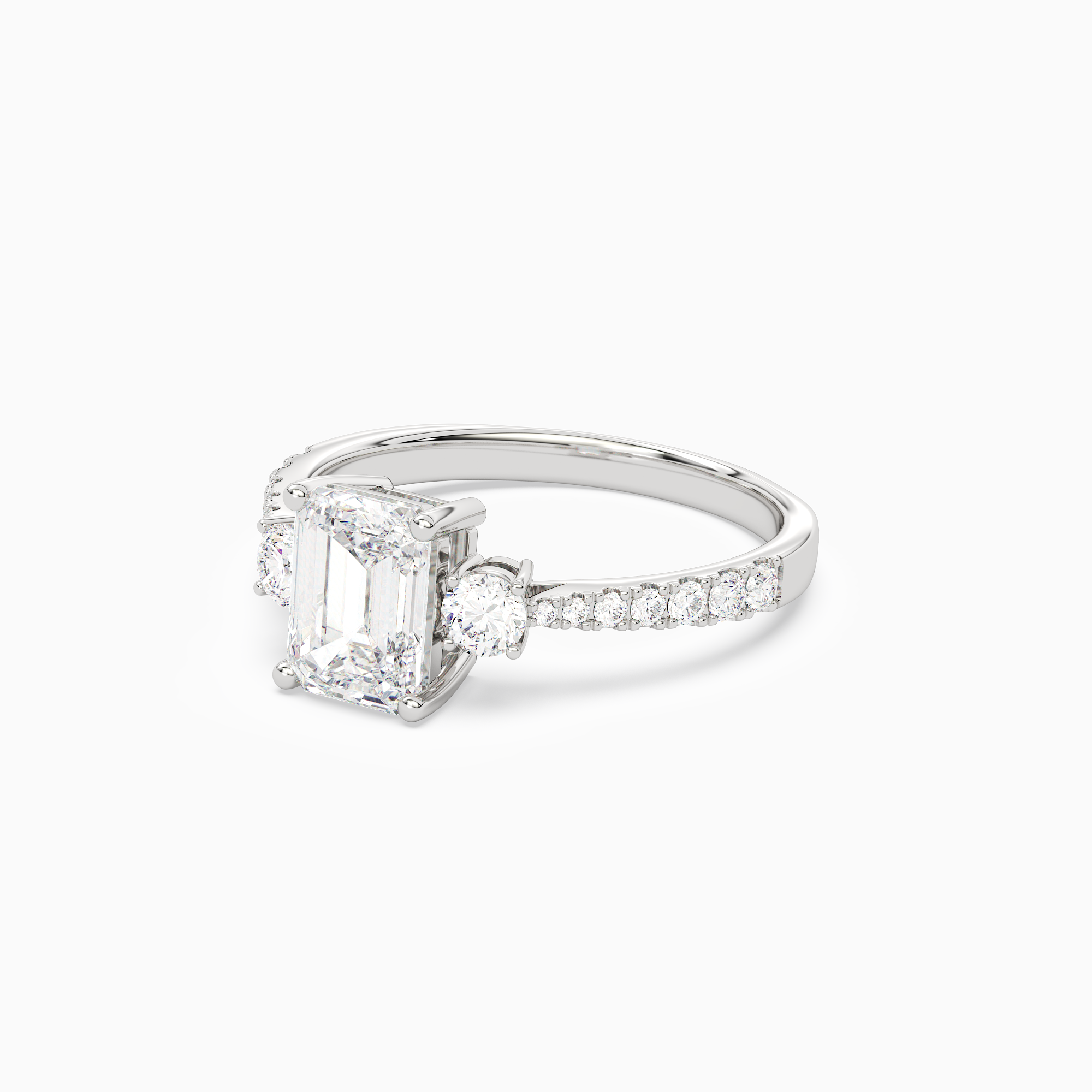 Emerald Classic Round Three Stone Pavé in 18K White Gold top angle