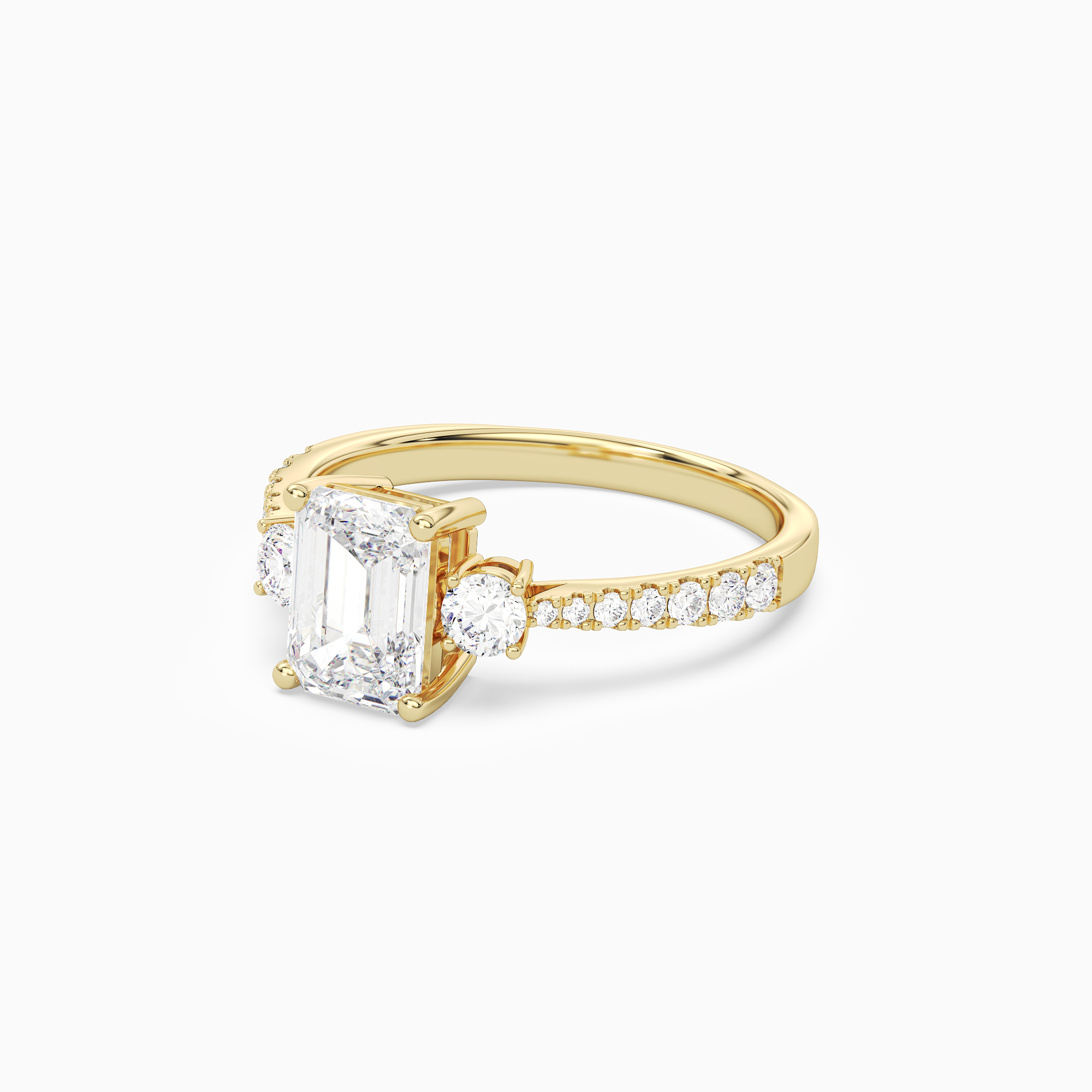 Emerald Classic Round Three Stone Pavé in 18K Yellow Gold top angle