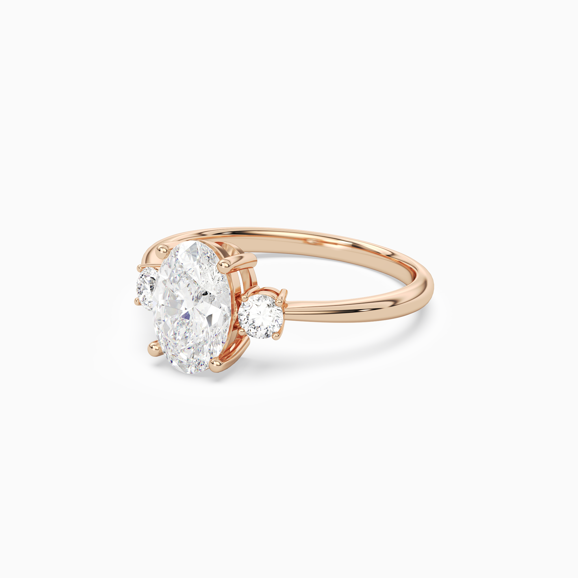 Oval Classic Round Three Stone Small Sides in 14K Rose Gold top angle