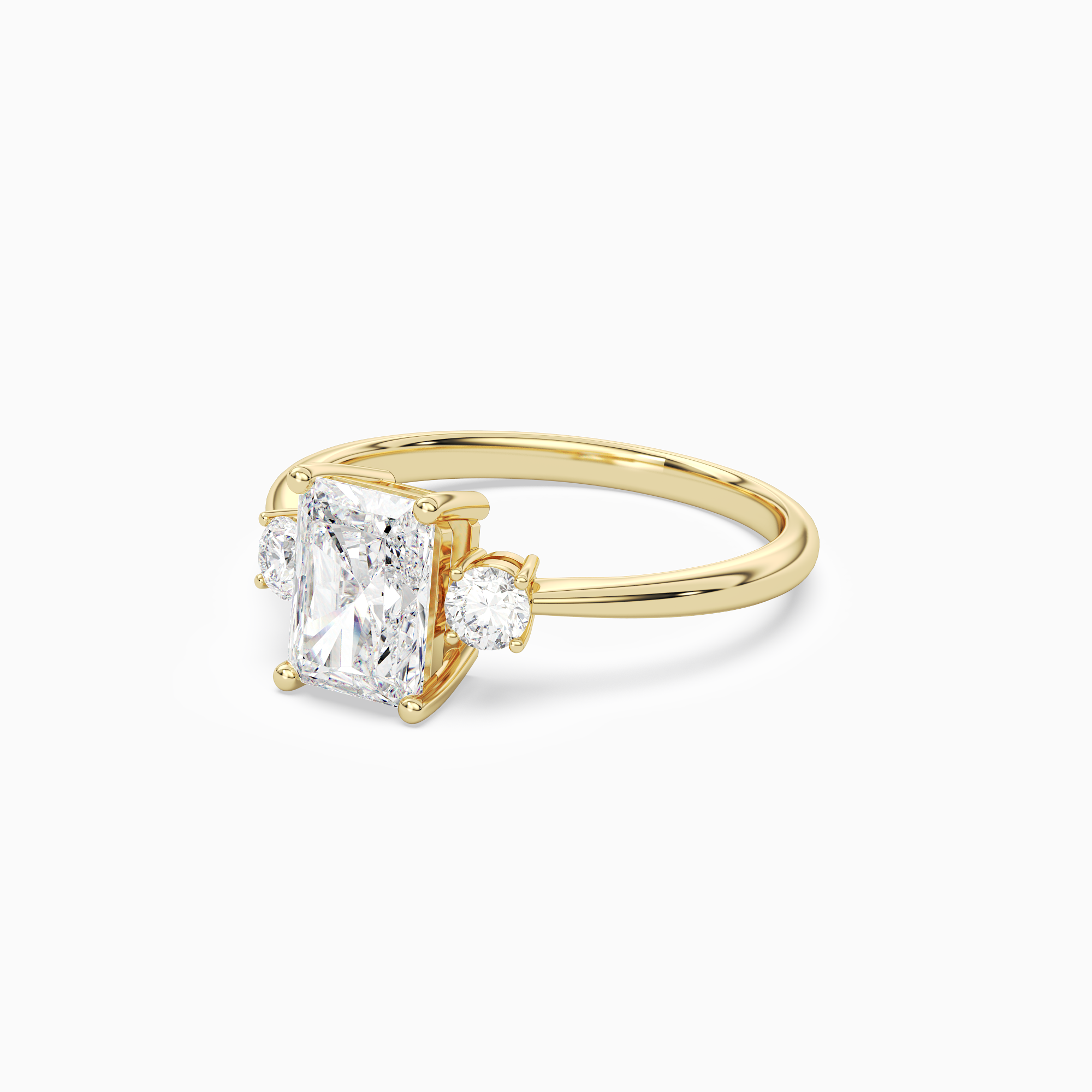 Radiant Classic Round Three Stone Small Sides in 18K Yellow Gold top angle