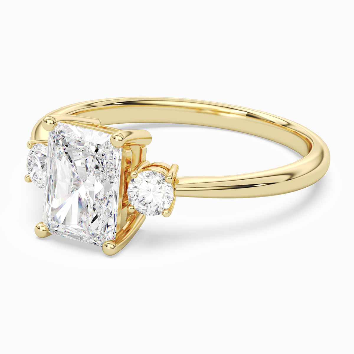 Radiant Classic Round Three Stone Small Sides in 18K Yellow Gold top angle