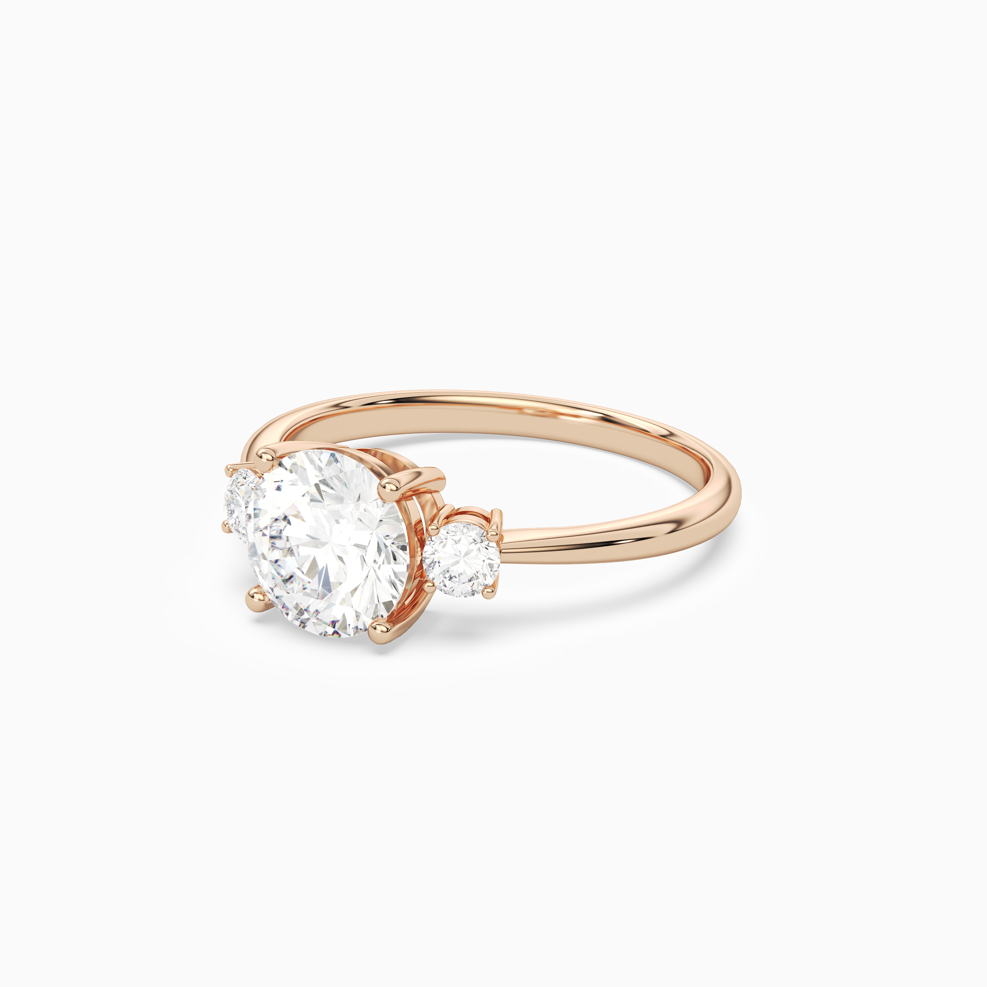 Round Classic Round Three Stone Small Sides in 14K Rose Gold top angle