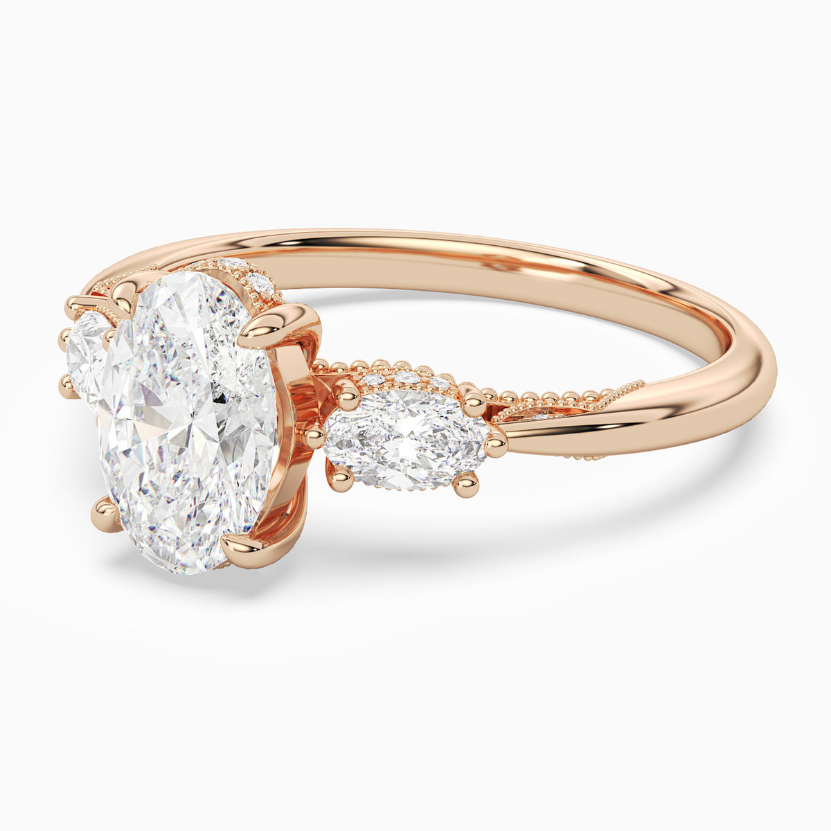 Oval Ornate Accented Three Stone in 14K Rose Gold top angle