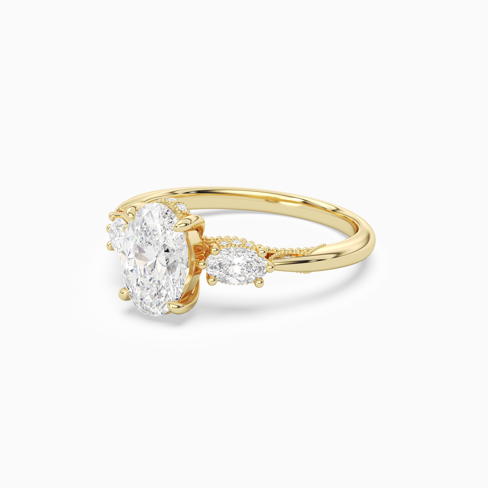 Oval Ornate Accented Three Stone in 18K Yellow Gold top angle
