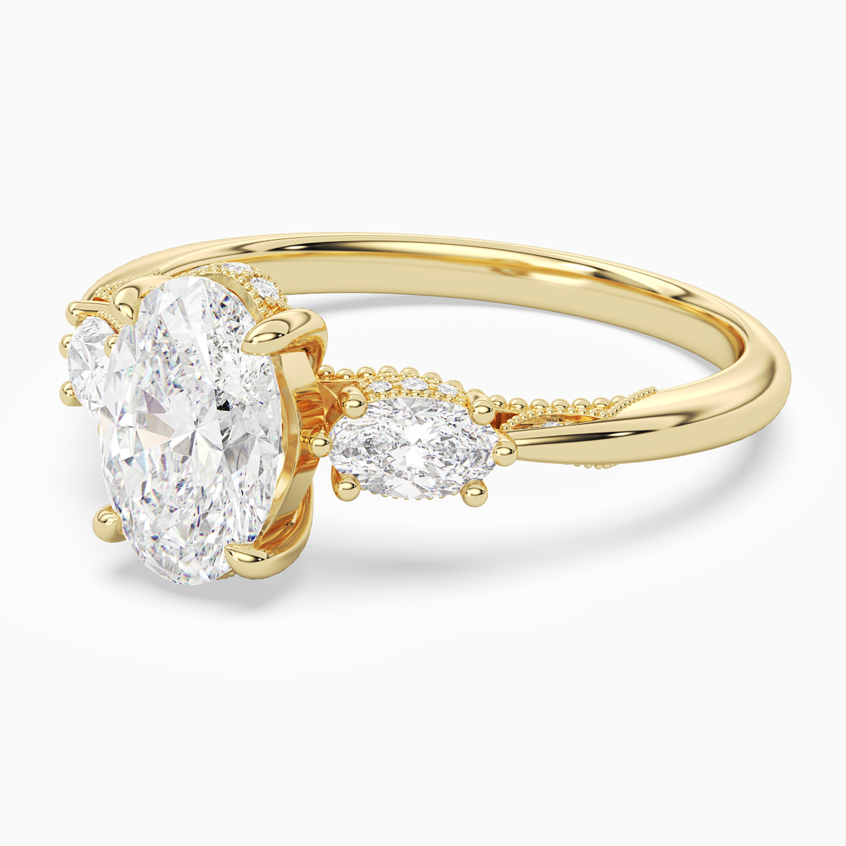 Oval Ornate Accented Three Stone in 18K Yellow Gold top angle