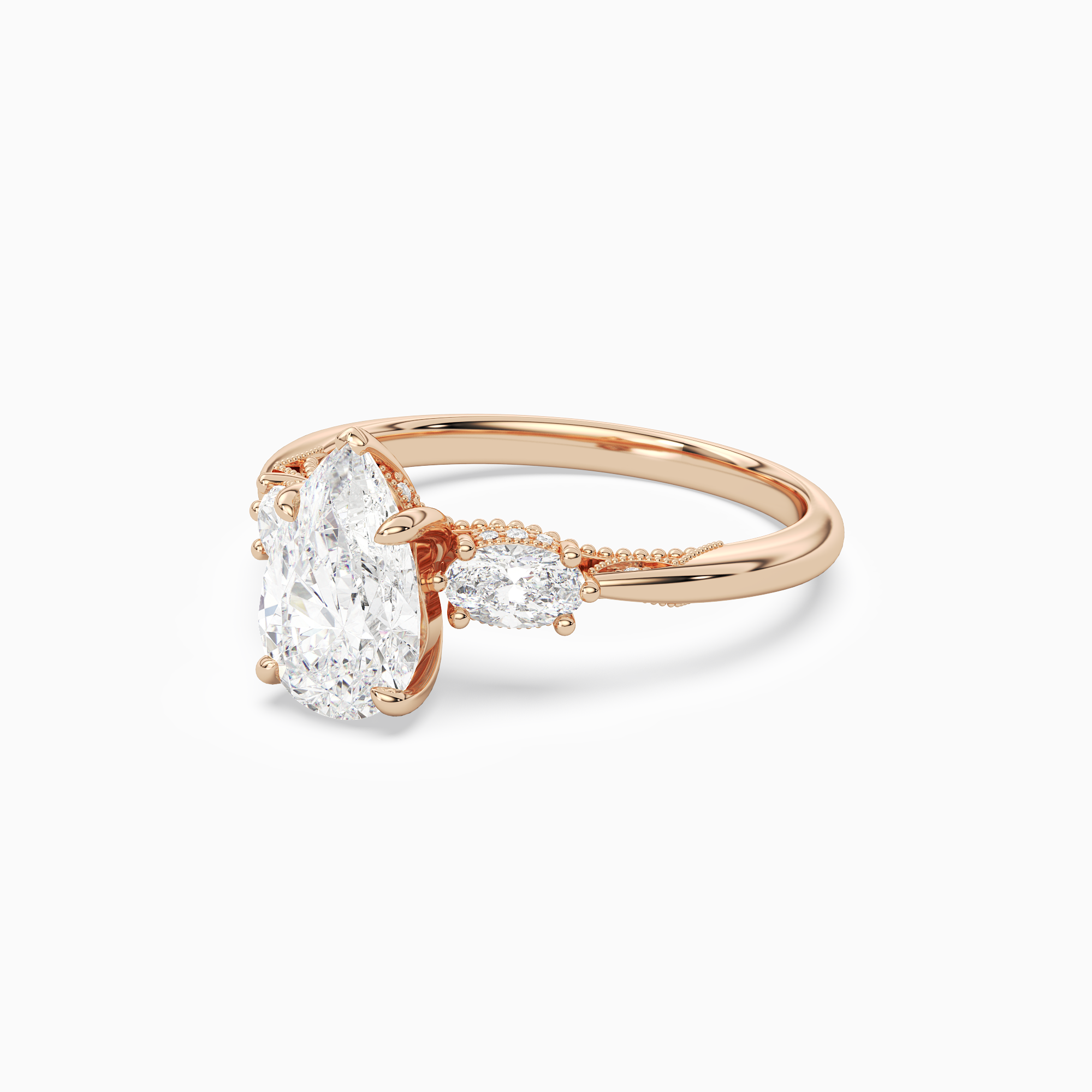 Pear Ornate Accented Three Stone in 14K Rose Gold top angle