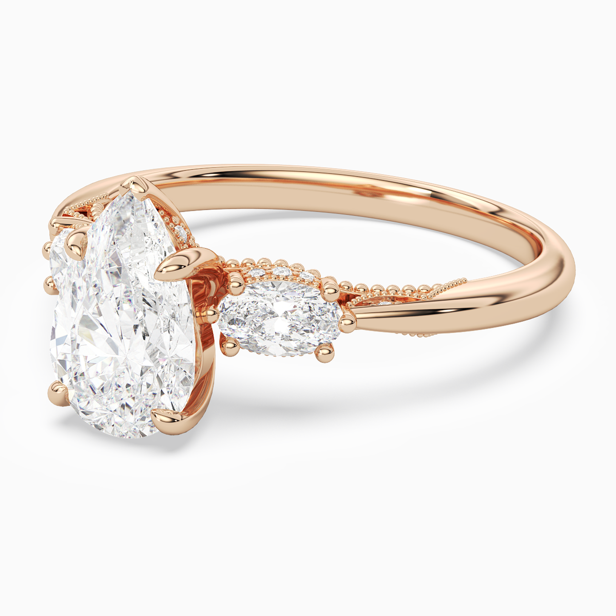 Pear Ornate Accented Three Stone in 14K Rose Gold top angle