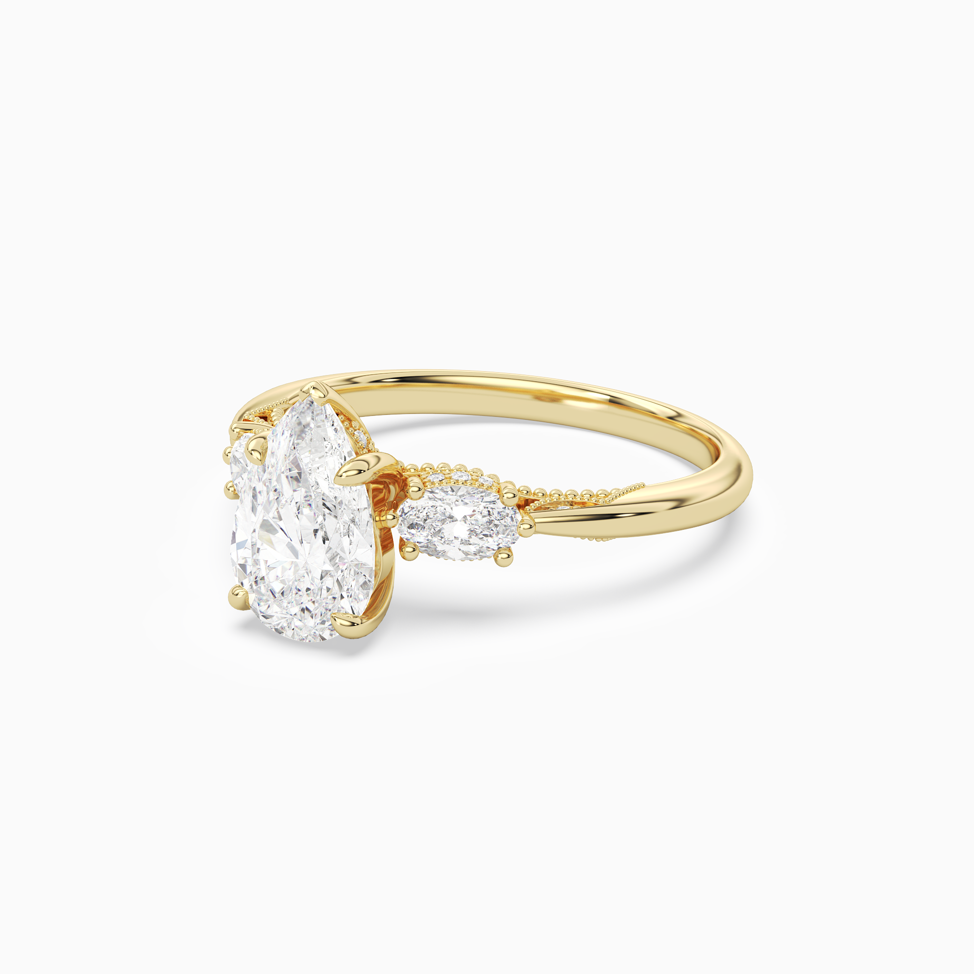 Pear Ornate Accented Three Stone in 14K Yellow Gold top angle