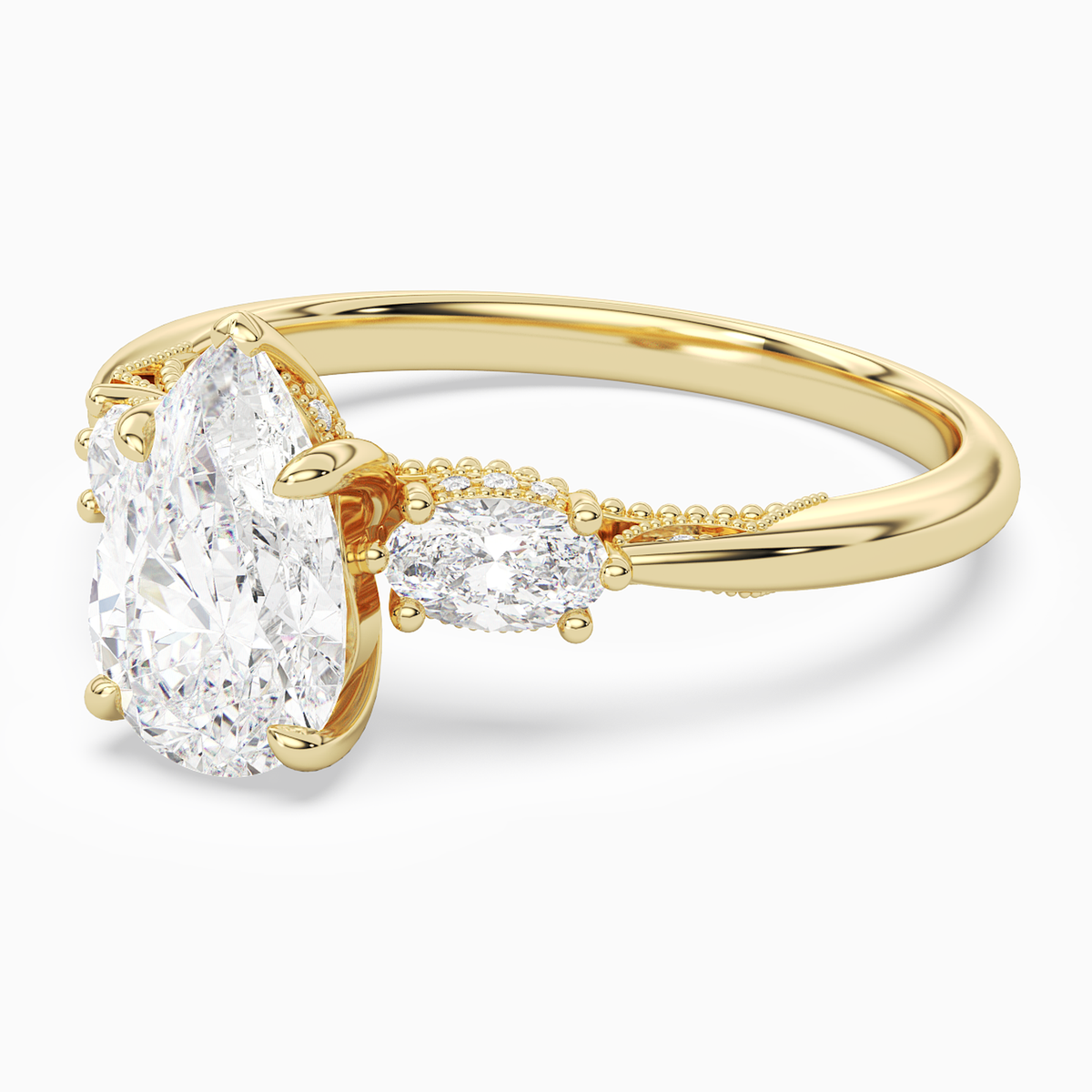 Pear Ornate Accented Three Stone in 14K Yellow Gold top angle