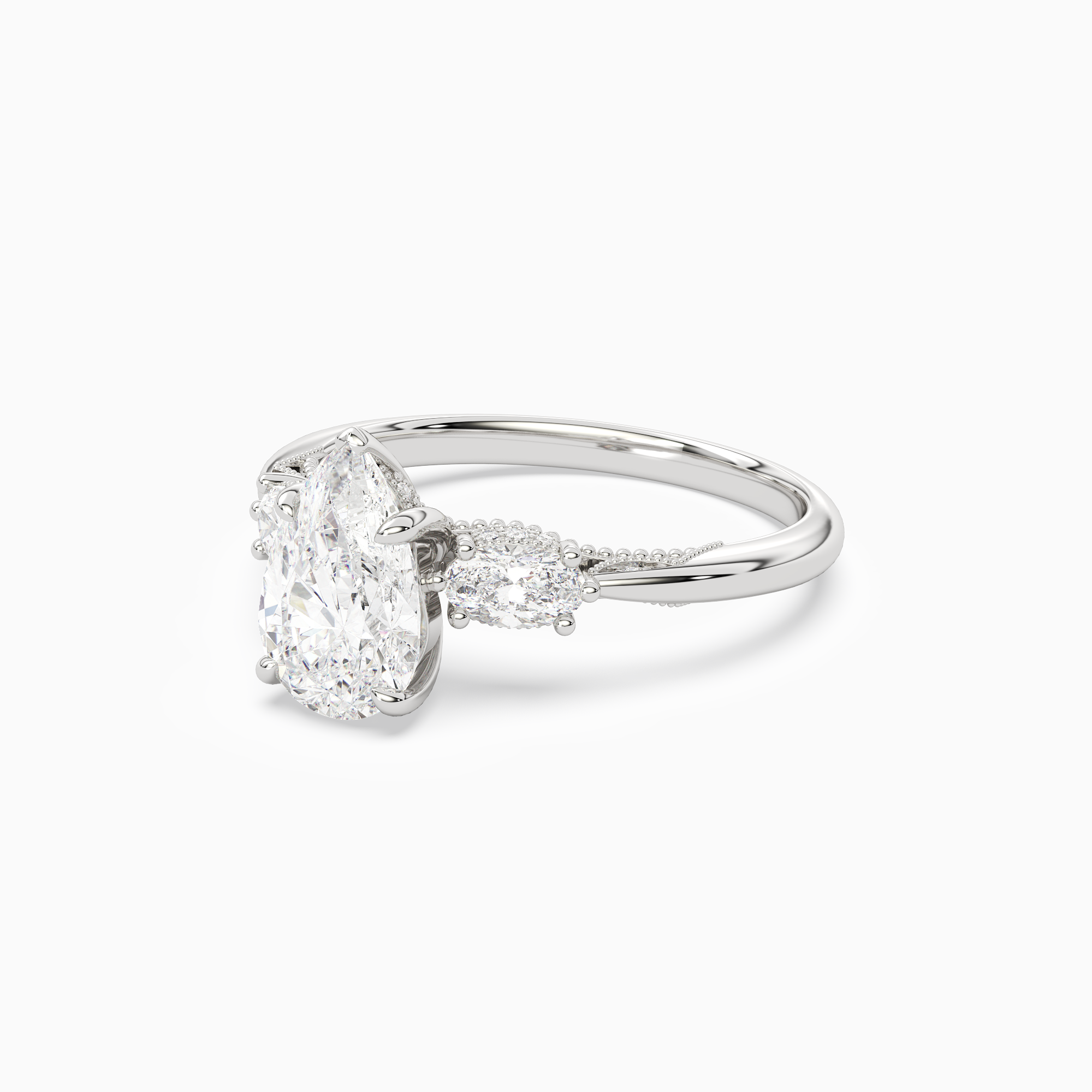Pear Ornate Accented Three Stone in 18K White Gold top angle