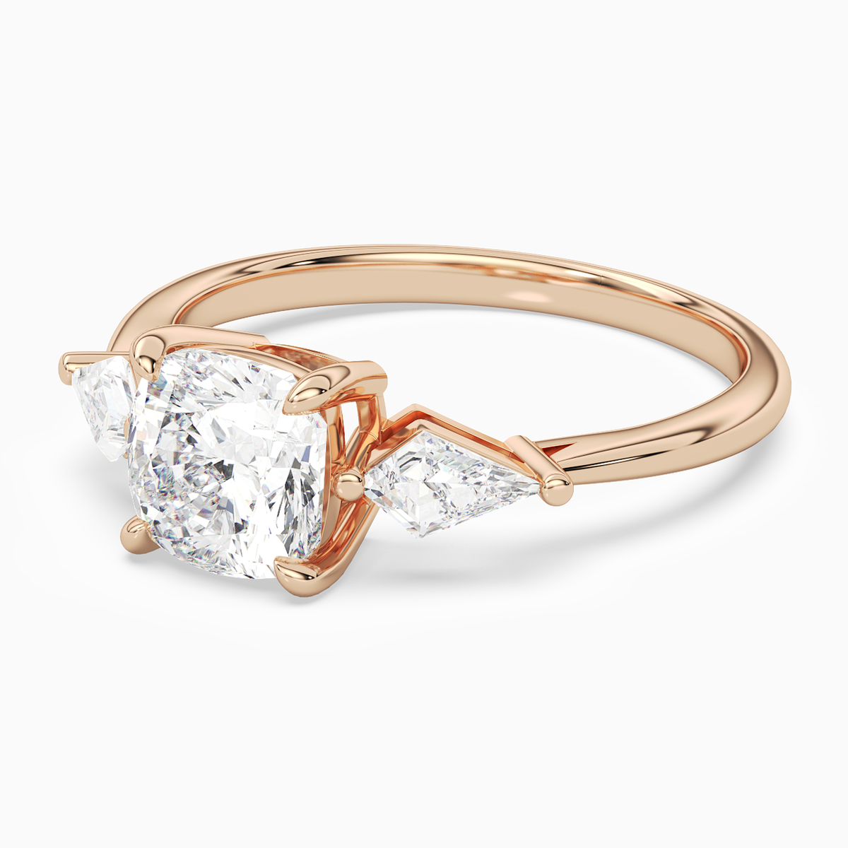 Cushion Kite Side Three Stone Large Sides in 14K Rose Gold top angle