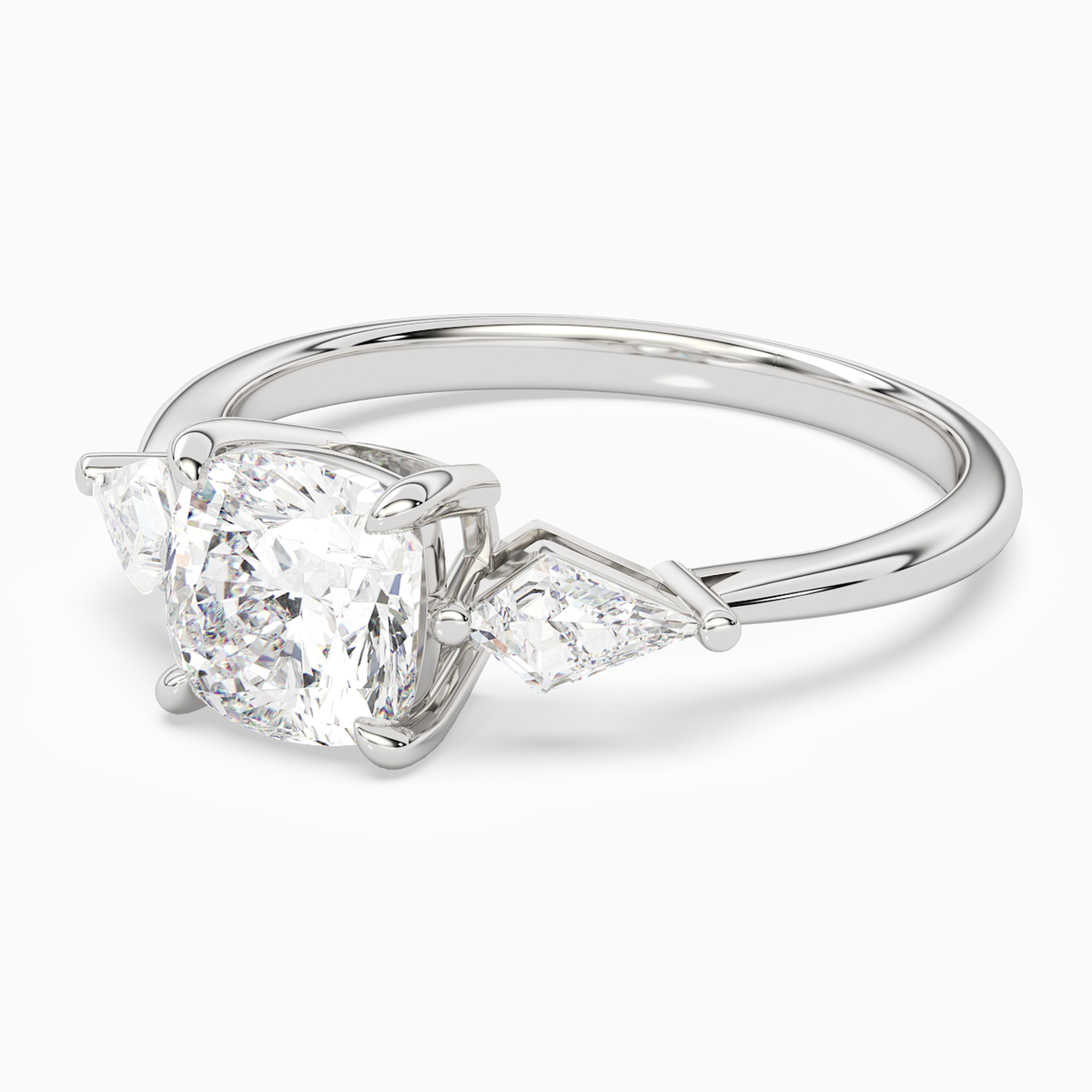Cushion Kite Side Three Stone Large Sides in Platinum top angle