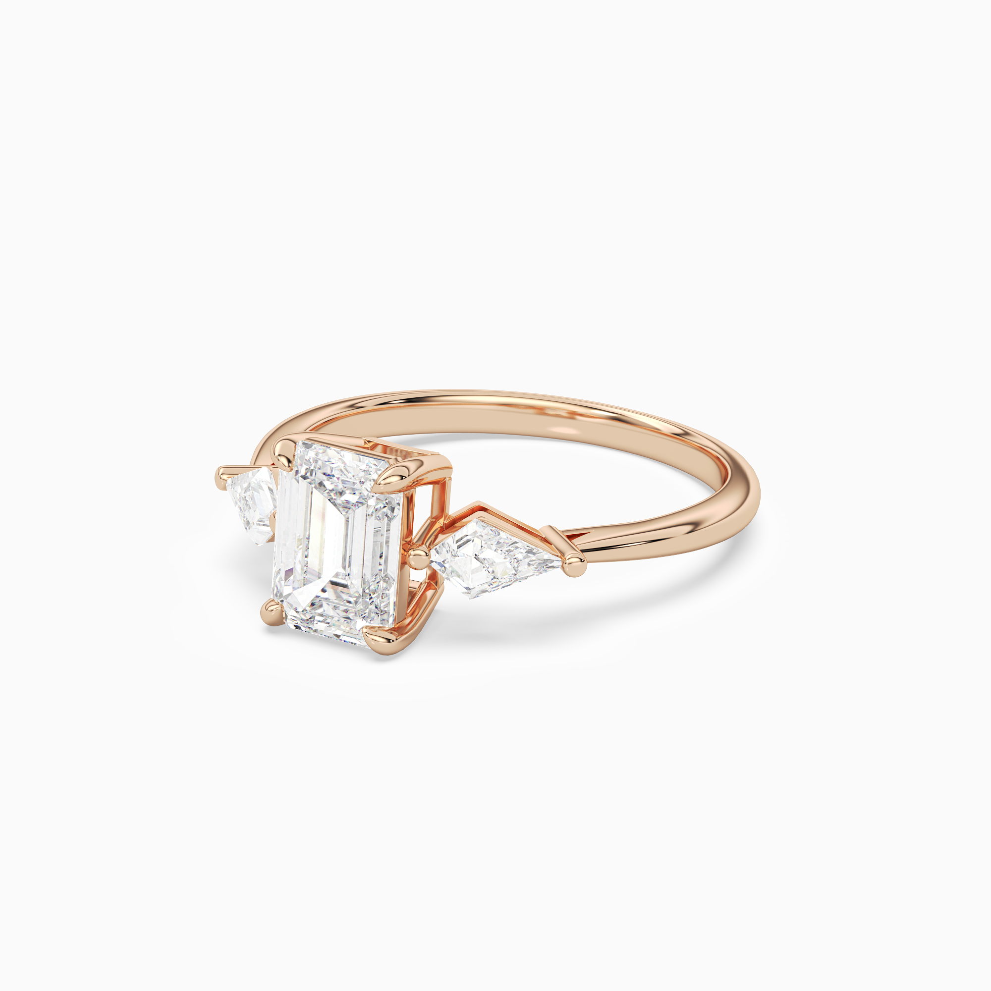 Emerald Kite Side Three Stone Large Sides in 14K Rose Gold top angle