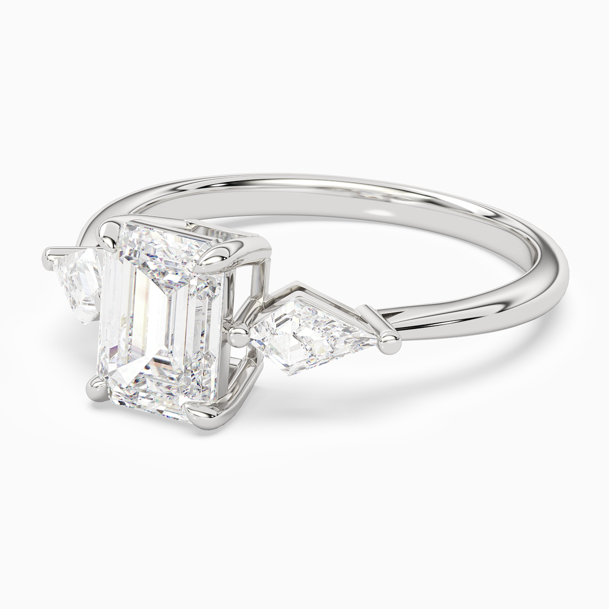 Emerald Kite Side Three Stone Large Sides in 18K White Gold top angle