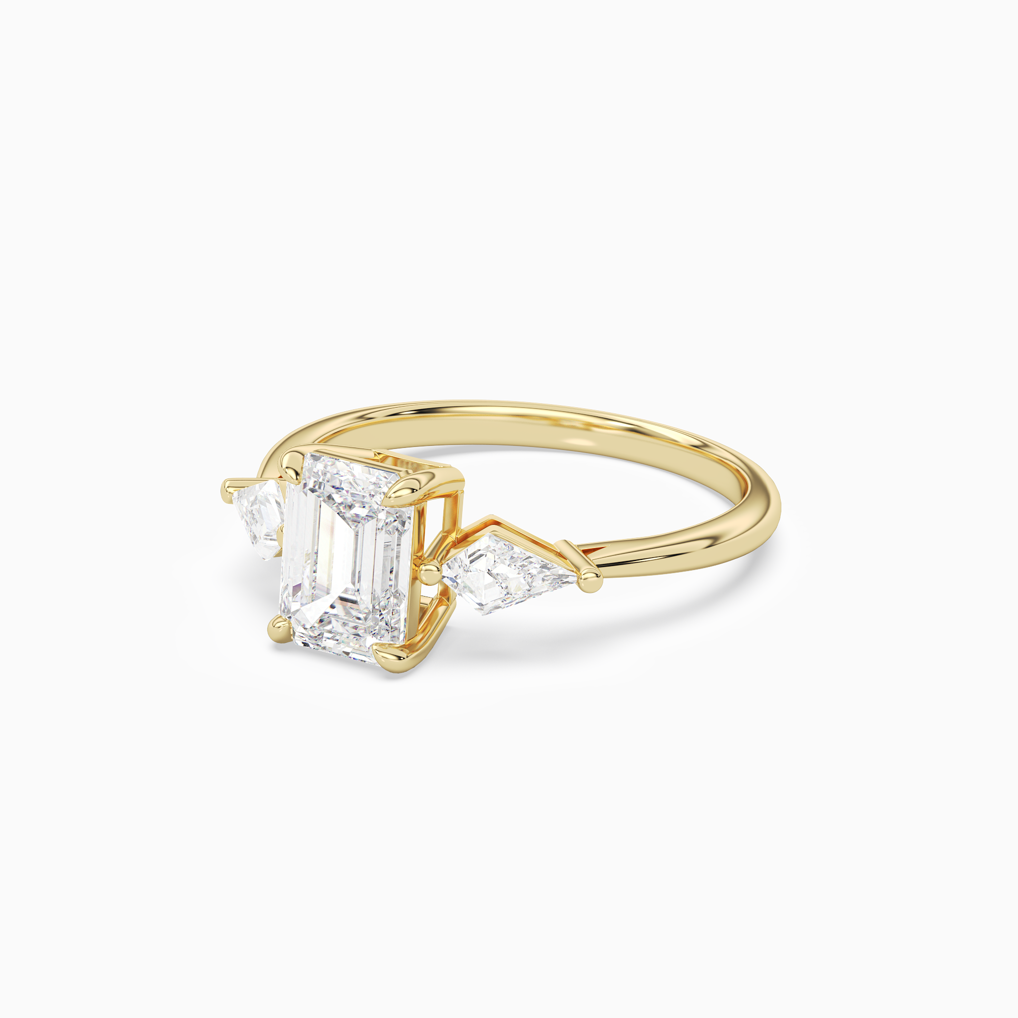 Emerald Kite Side Three Stone Large Sides in 18K Yellow Gold top angle