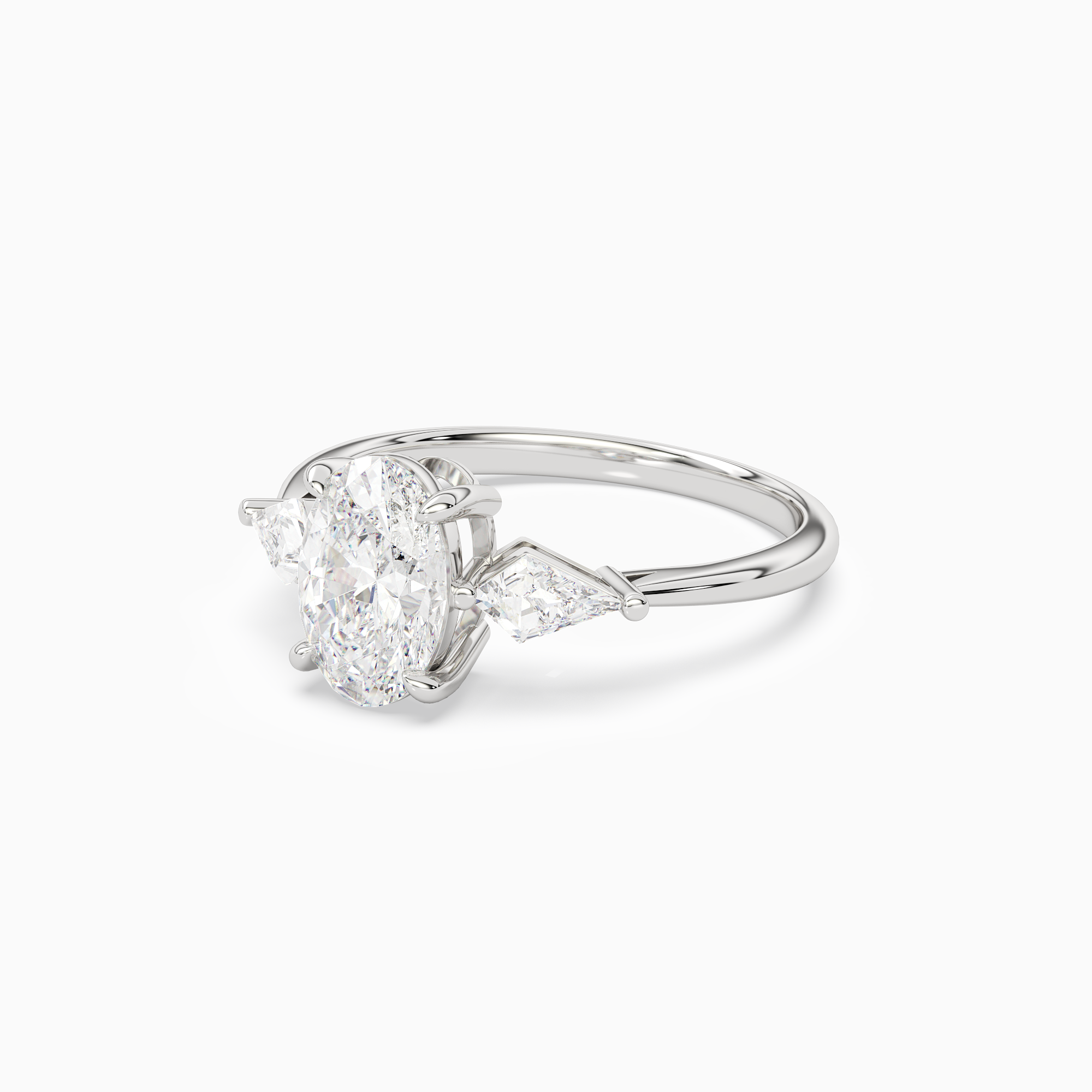 Oval Kite Side Three Stone Large Sides in 18K White Gold top angle