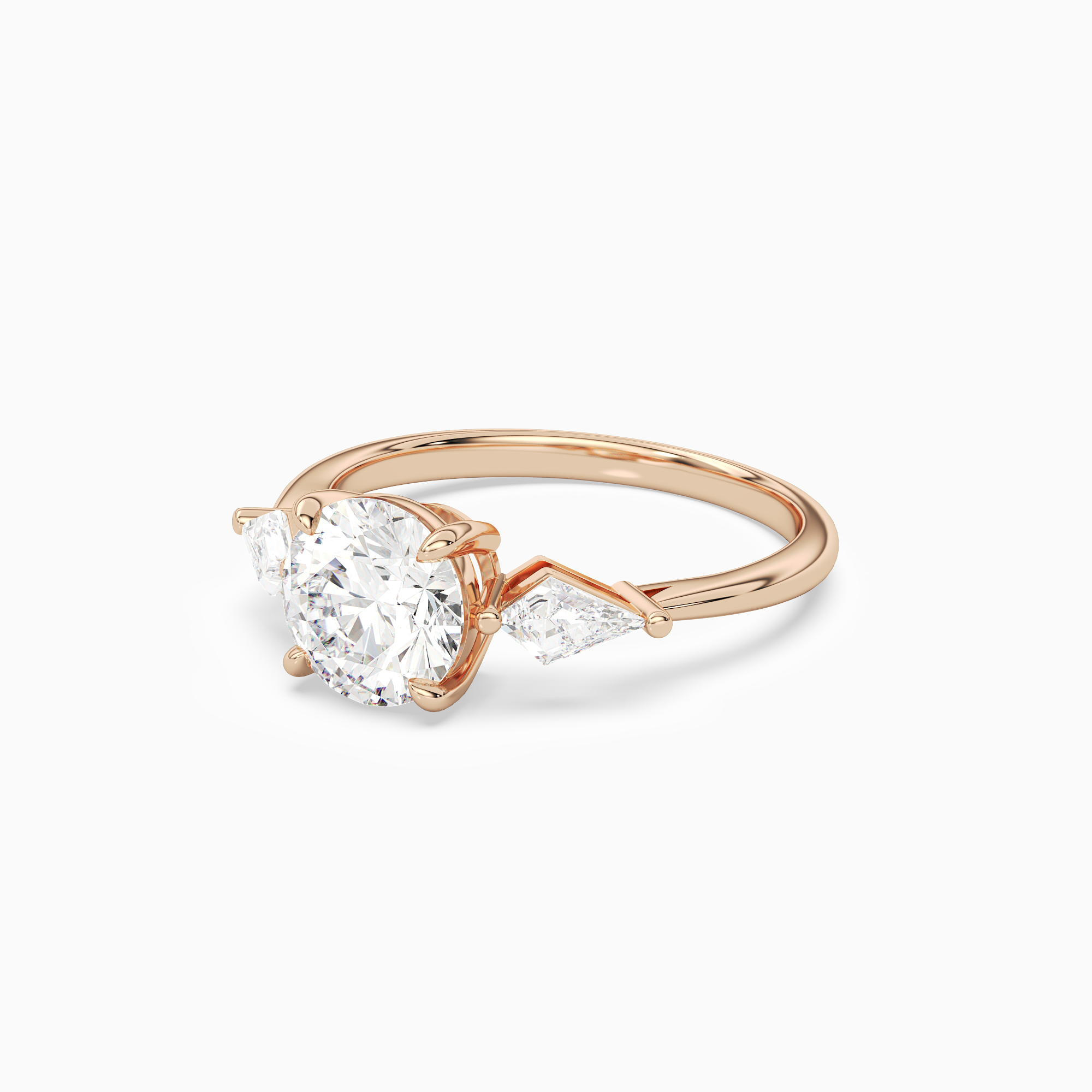 Round Kite Side Three Stone Large Sides in 14K Rose Gold top angle