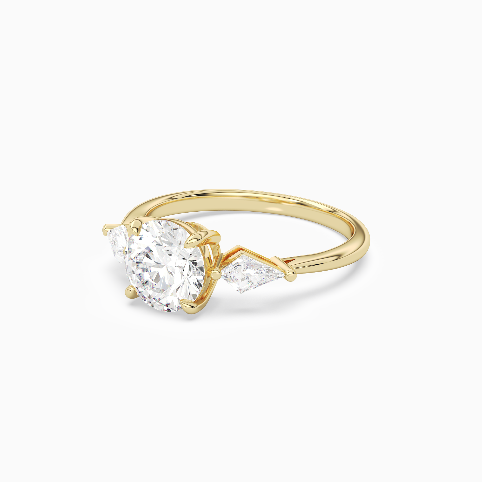 Round Kite Side Three Stone Large Sides in 14K Yellow Gold top angle
