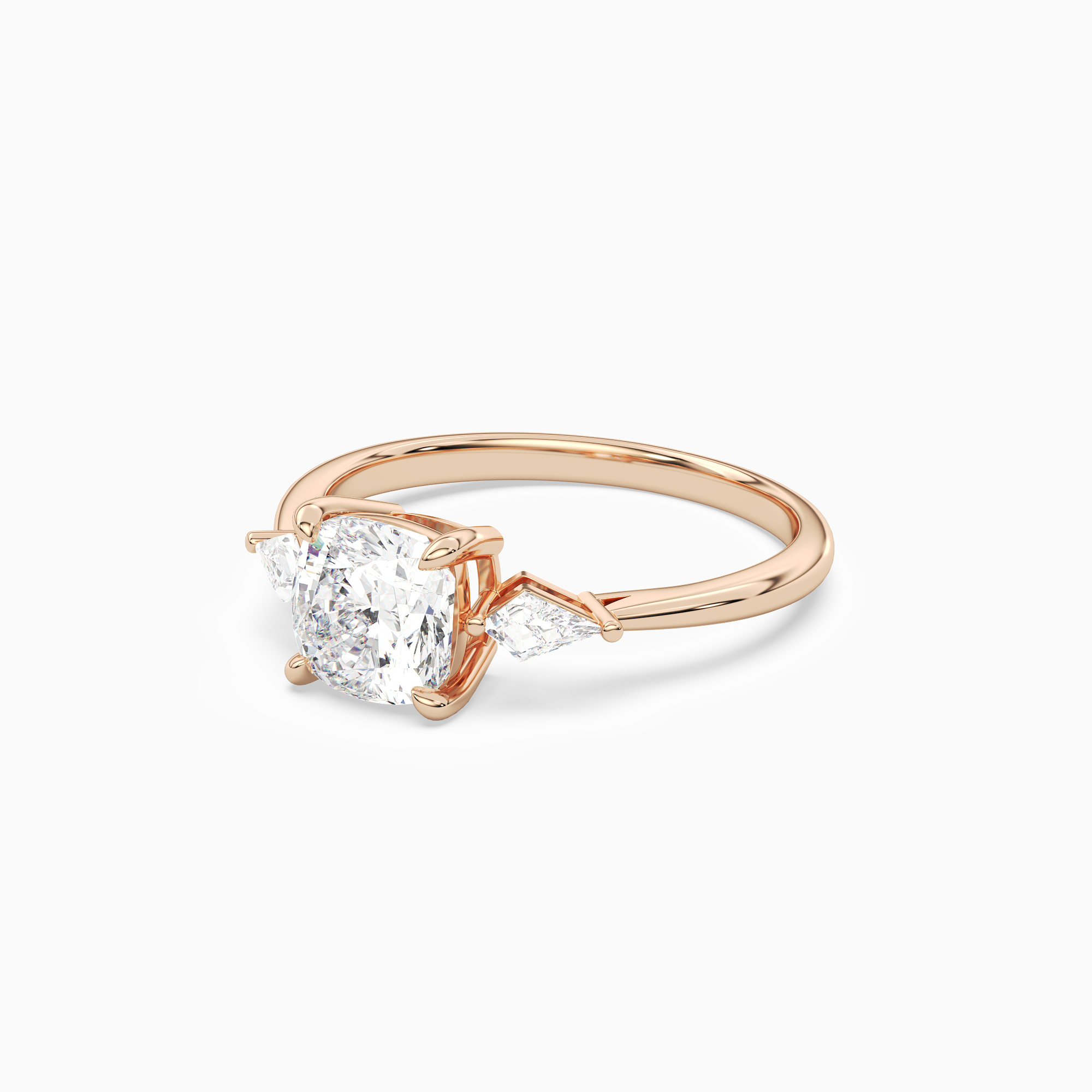 Cushion Kite Side Three Stone Small Sides in 14K Rose Gold top angle