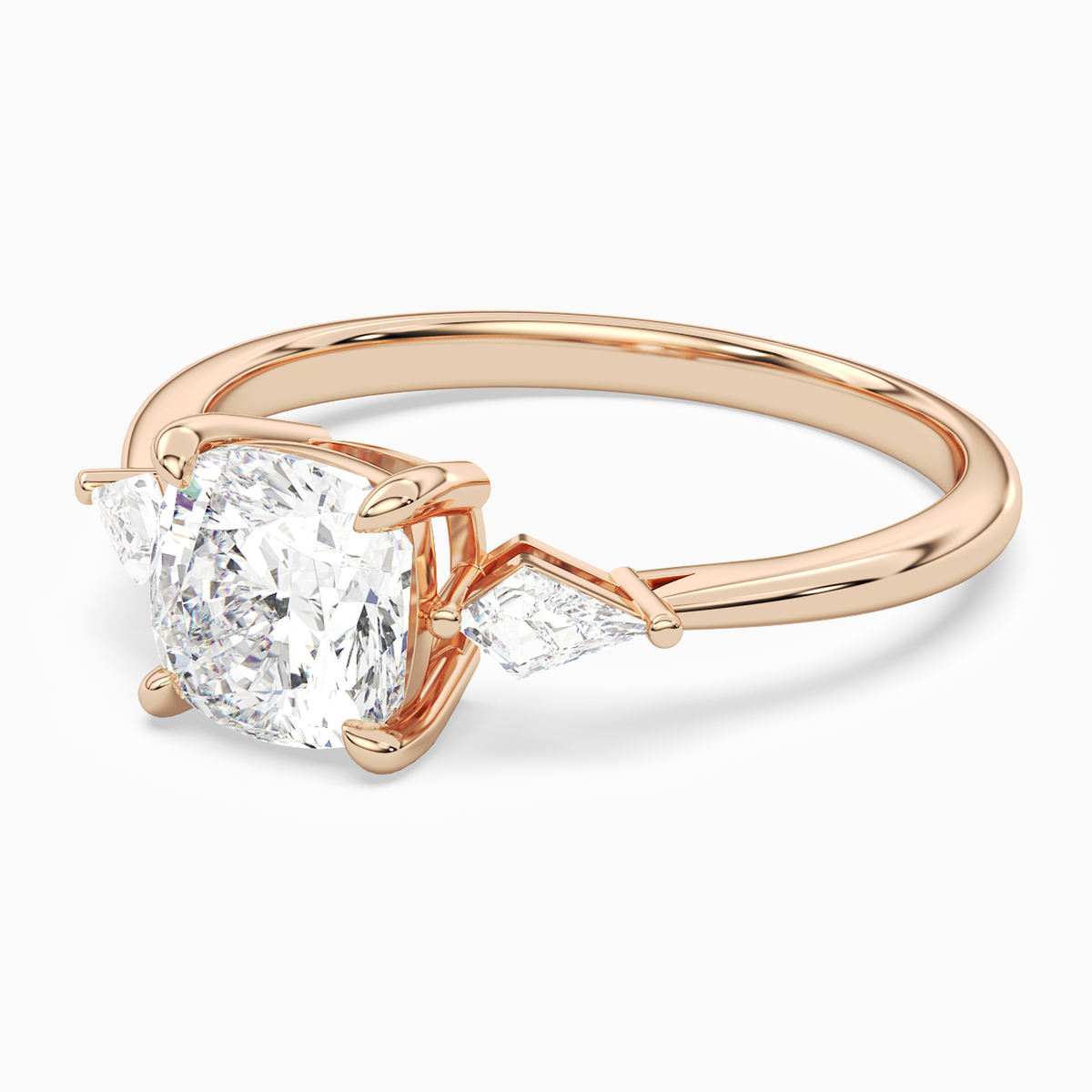 Cushion Kite Side Three Stone Small Sides in 14K Rose Gold top angle