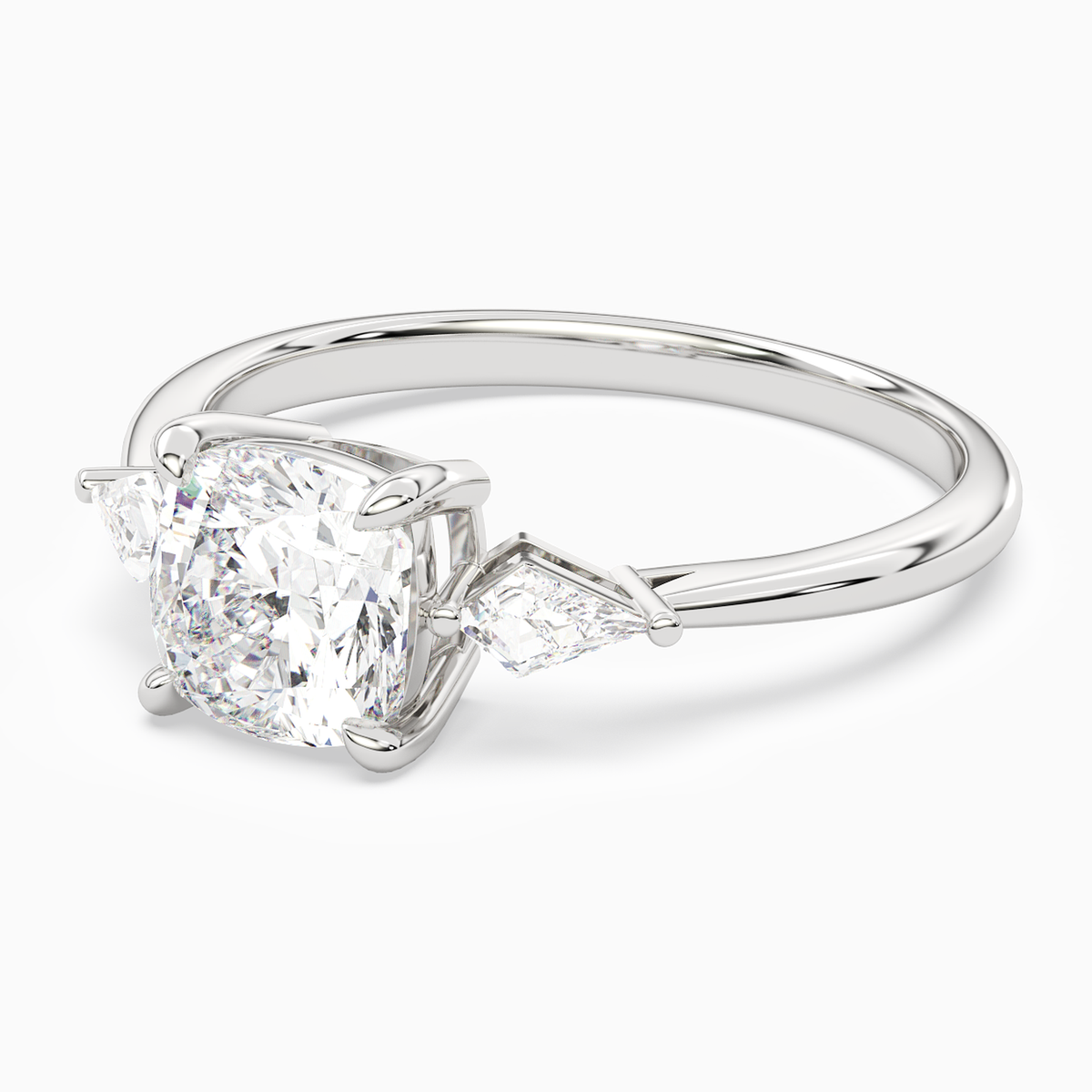 Cushion Kite Side Three Stone Small Sides in 14K White Gold top angle