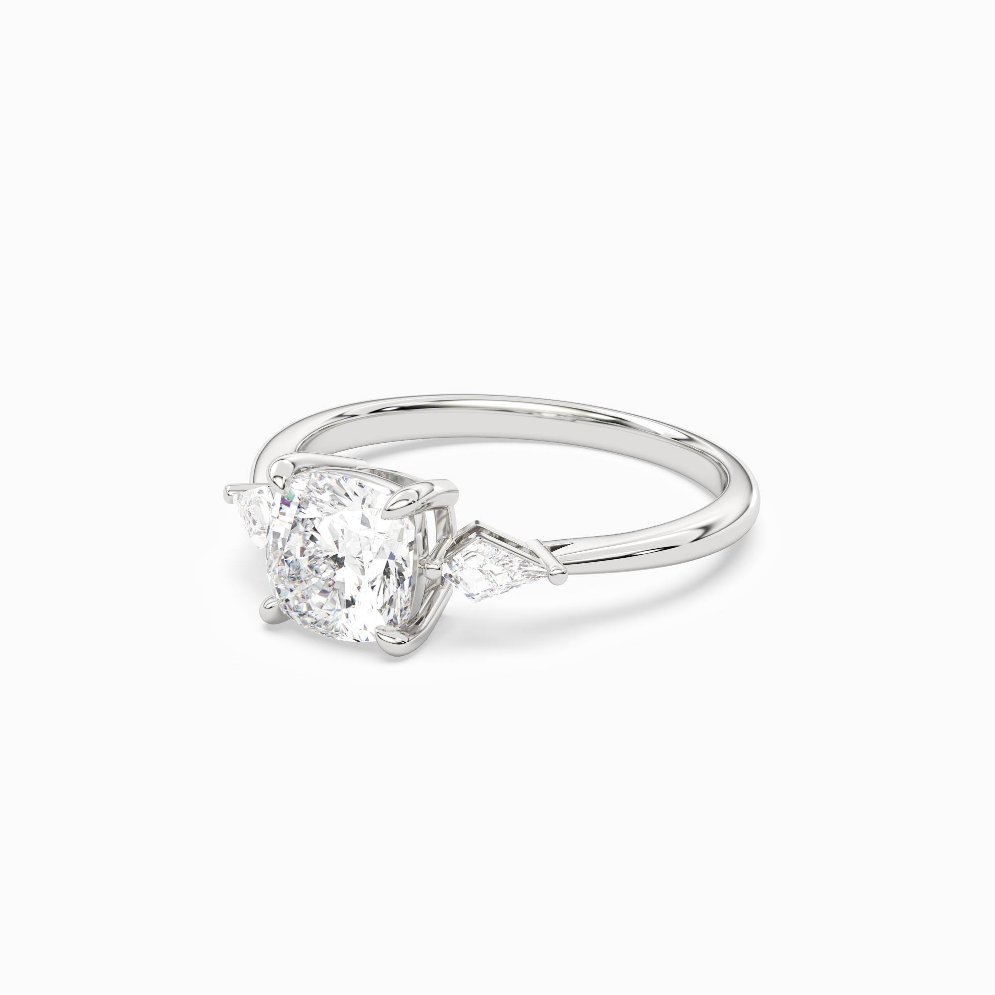 Cushion Kite Side Three Stone Small Sides in 18K White Gold top angle