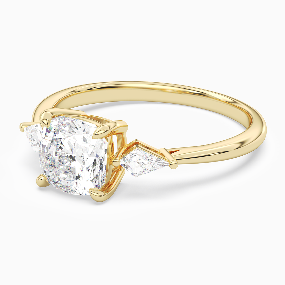 Cushion Kite Side Three Stone Small Sides in 18K Yellow Gold top angle