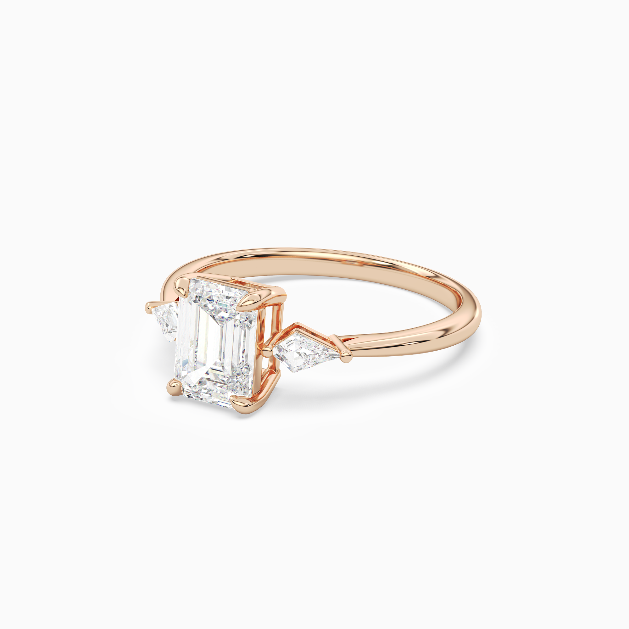 Emerald Kite Side Three Stone Small Sides in 14K Rose Gold top angle