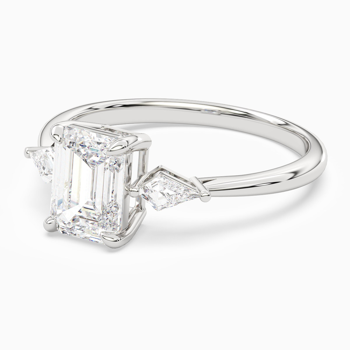 Emerald Kite Side Three Stone Small Sides in 14K White Gold top angle