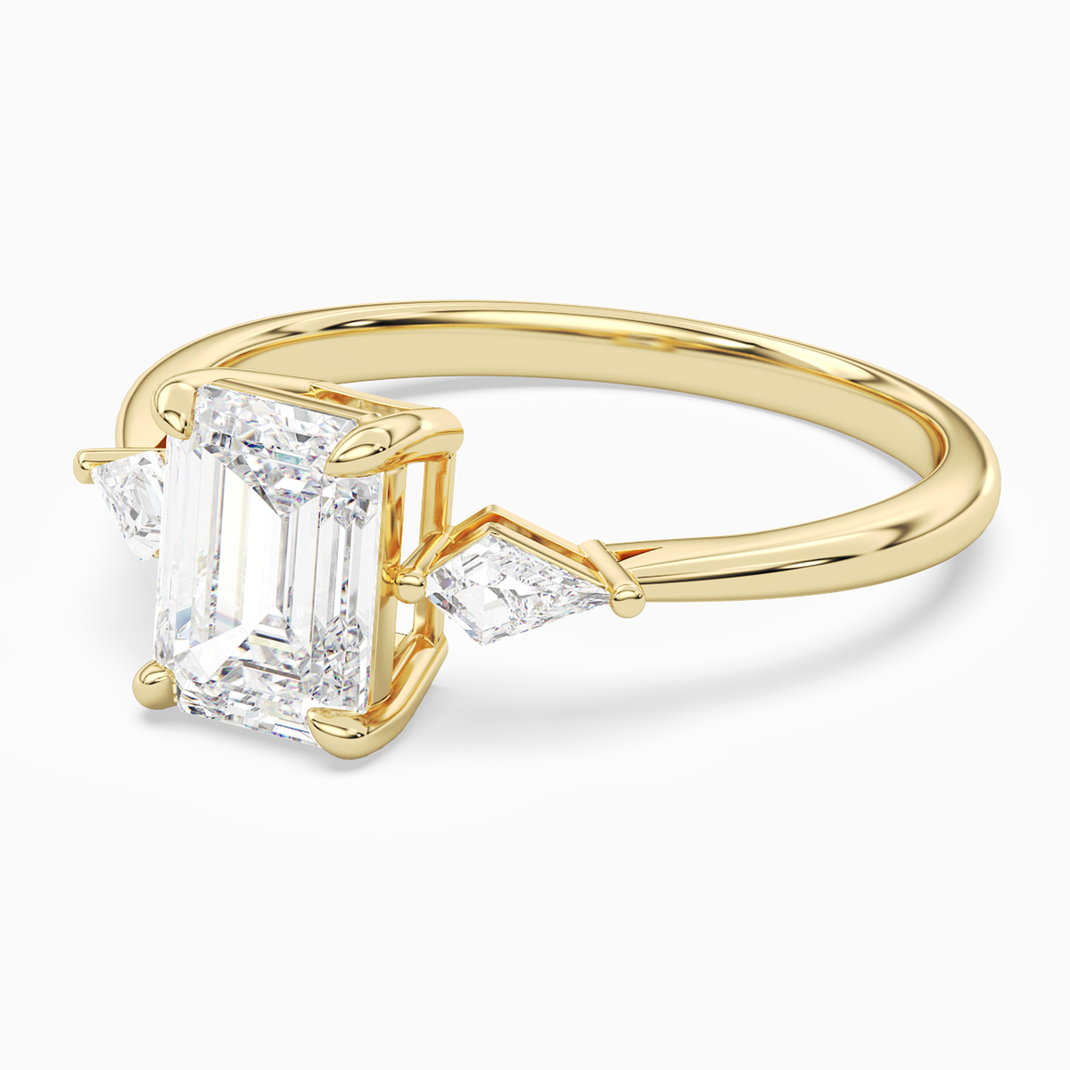 Emerald Kite Side Three Stone Small Sides in 18K Yellow Gold top angle