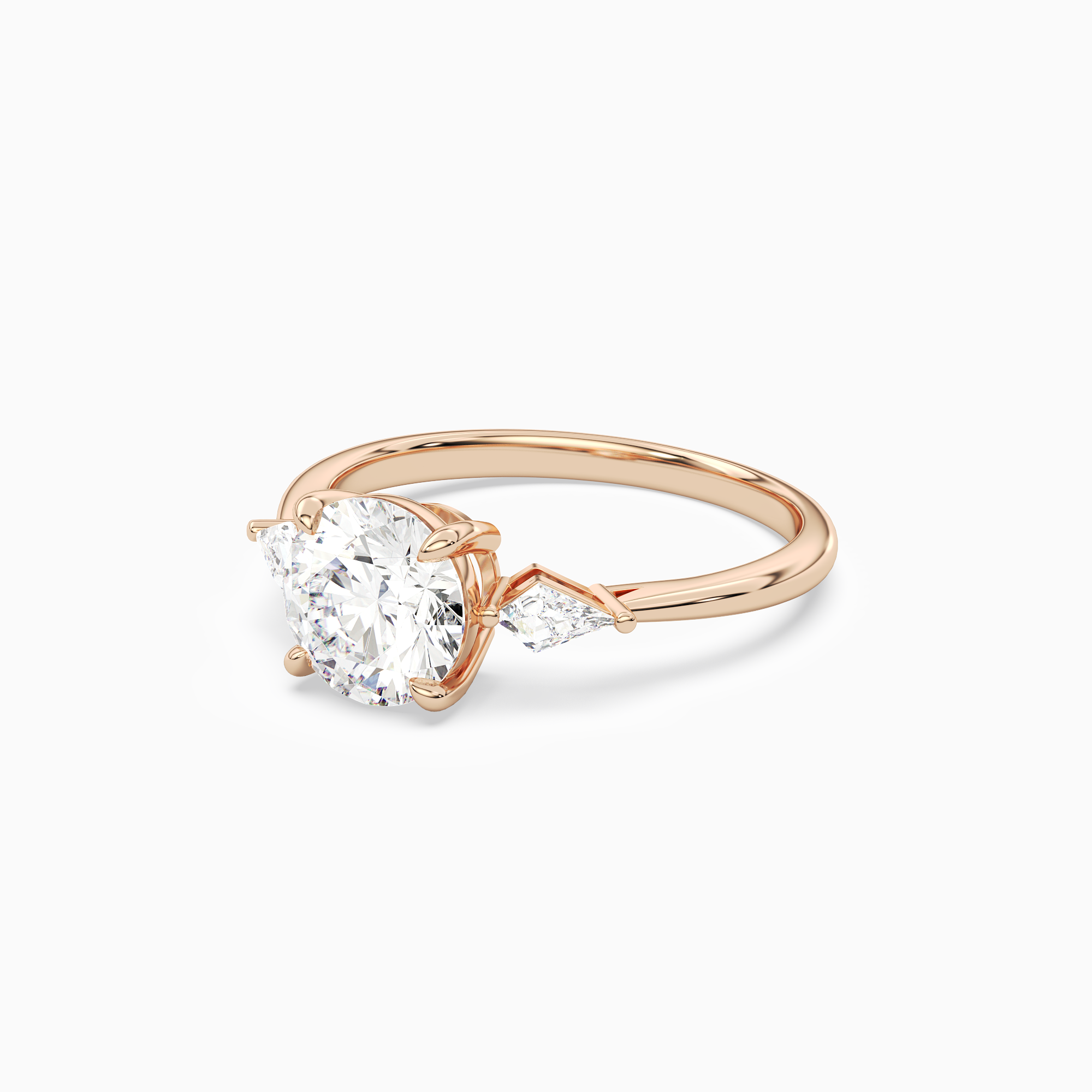 Round Kite Side Three Stone Small Sides in 14K Rose Gold top angle