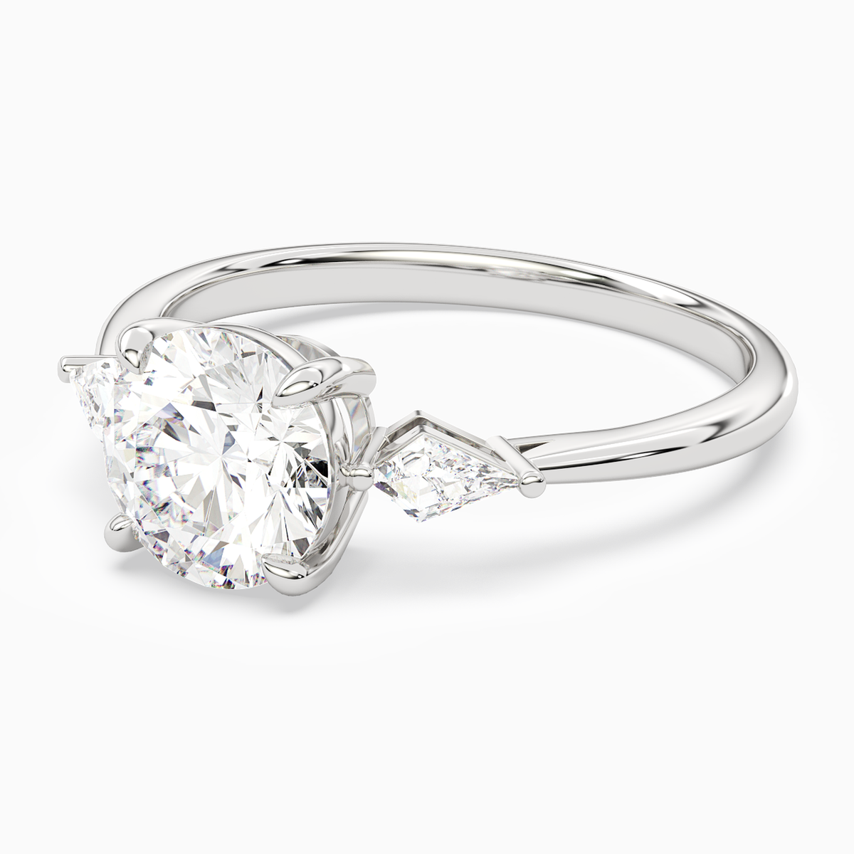Round Kite Side Three Stone Small Sides in 14K White Gold top angle