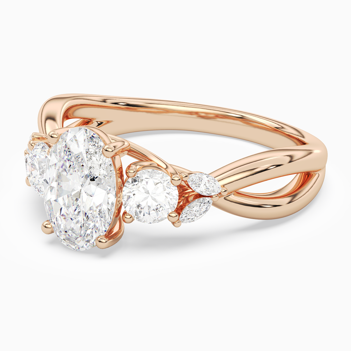 Oval Willow Composite Three Stone in 14K Rose Gold top angle
