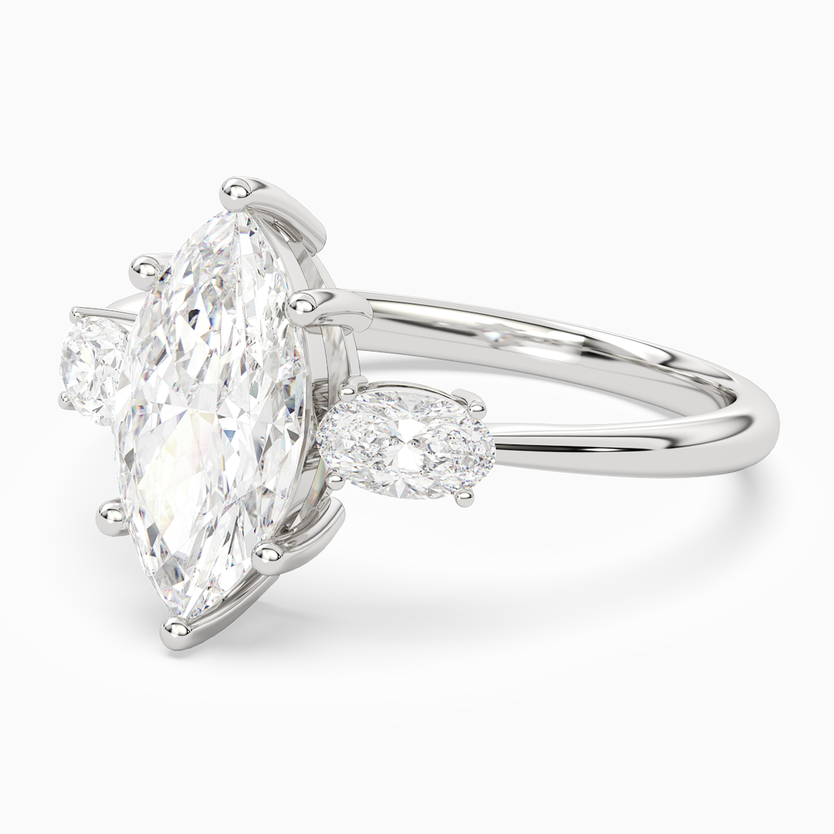 Marquise Classic Three Stone in 18K White Gold top angle
