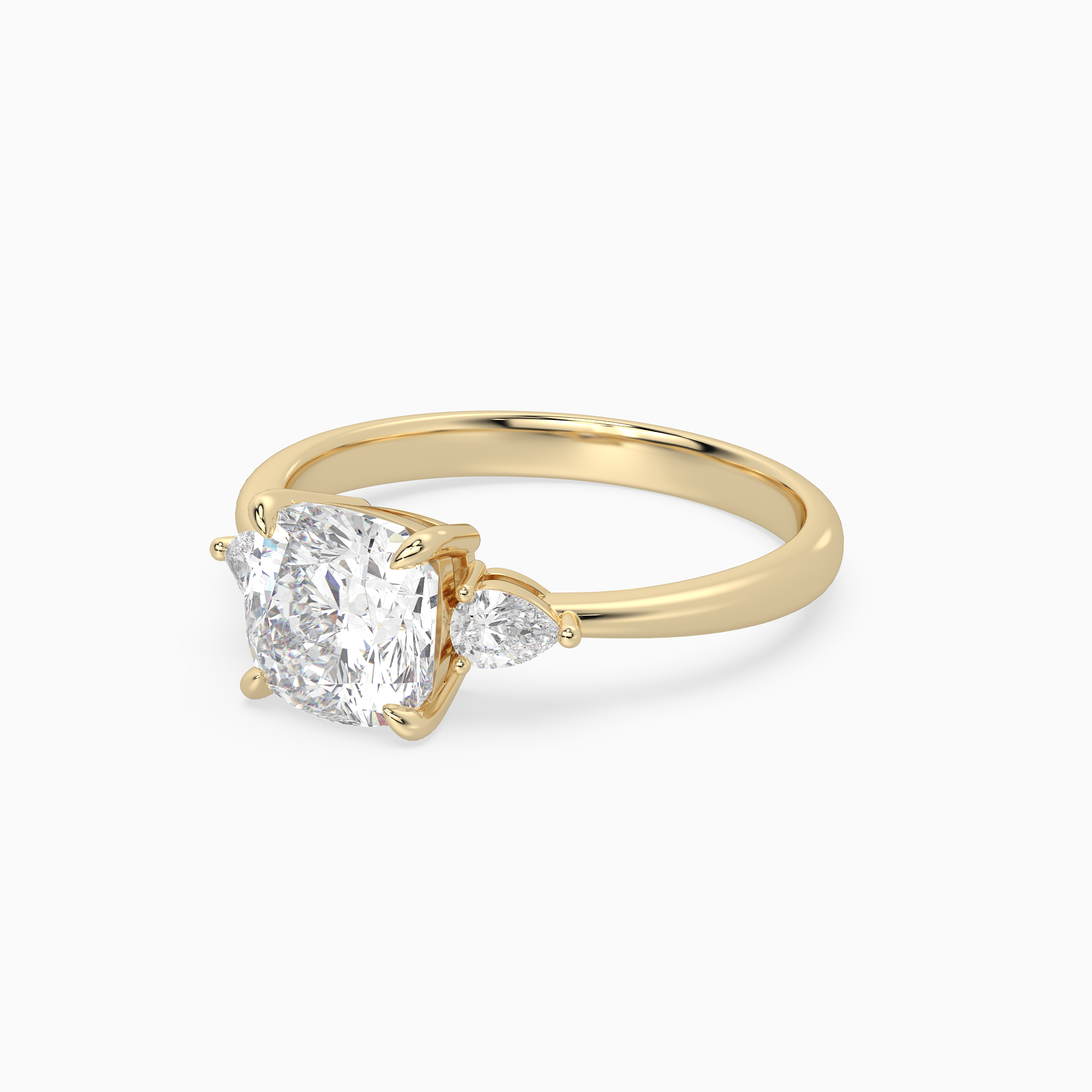 Cushion Pear Side Three Stone Classic in 18K Yellow Gold top angle