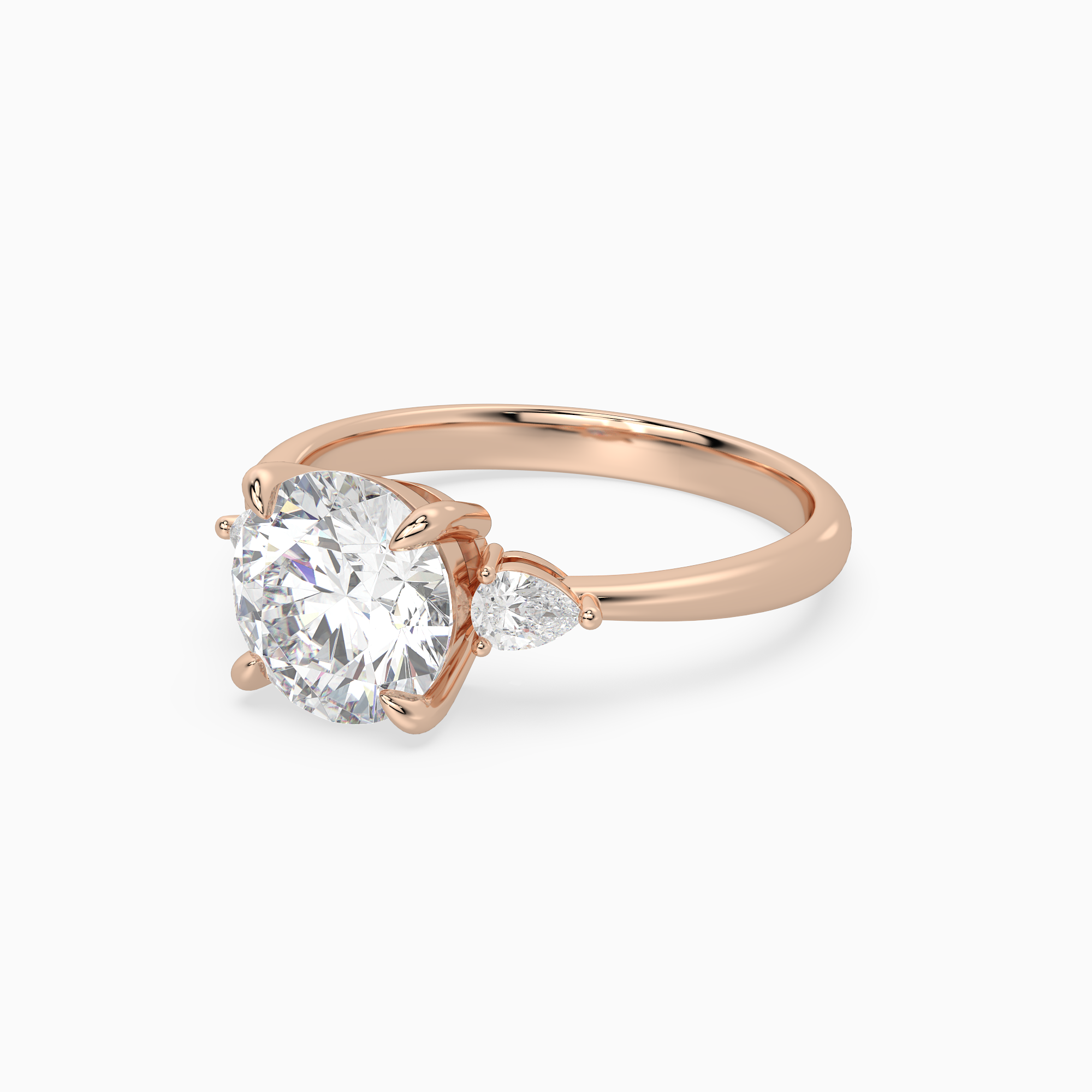Round Pear Side Three Stone Classic in 14K Rose Gold top angle