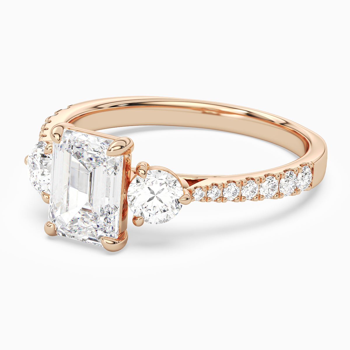 Emerald Round Side Three Stone Pavé in 14K Rose Gold top angle