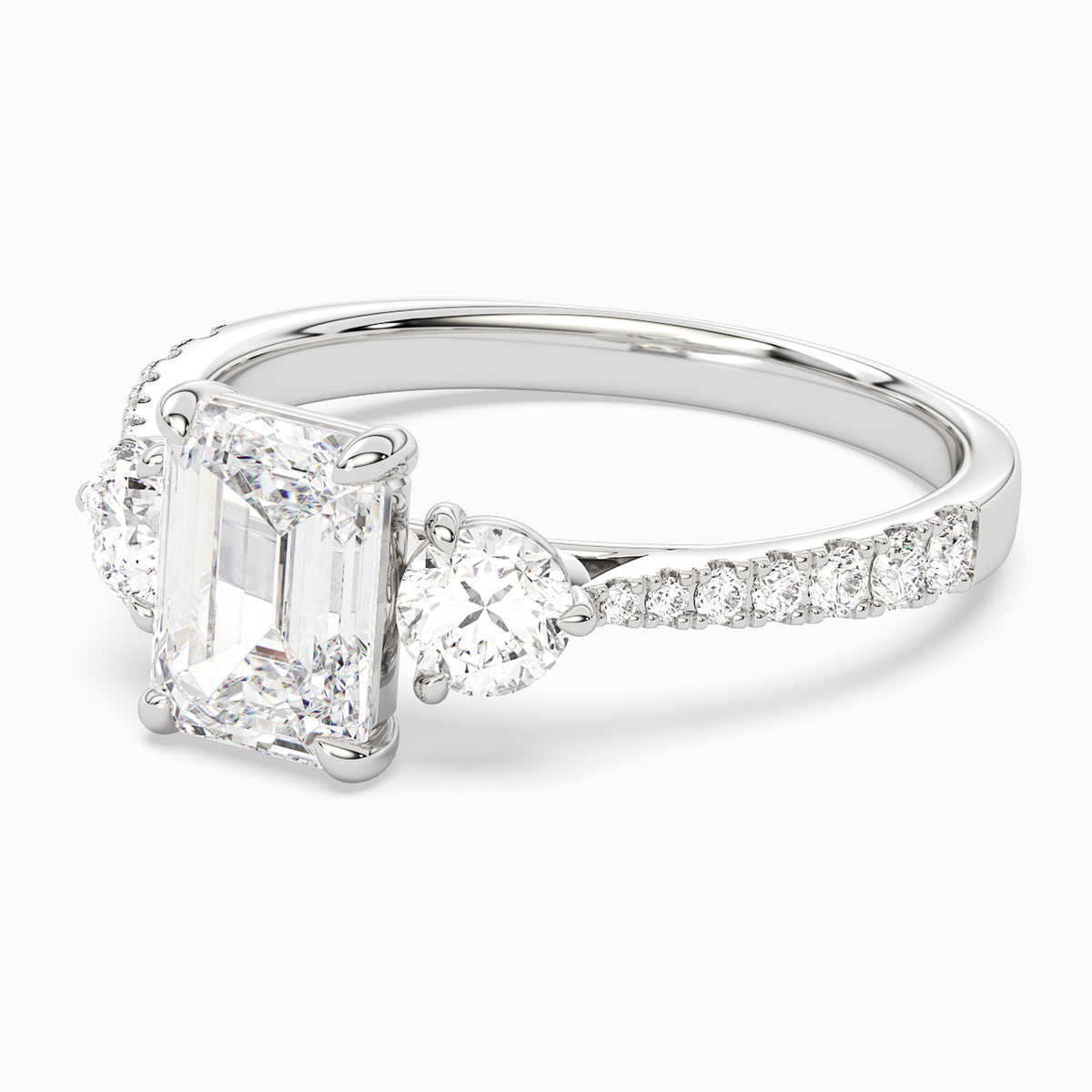 Emerald Round Side Three Stone Pavé in 14K White Gold top angle