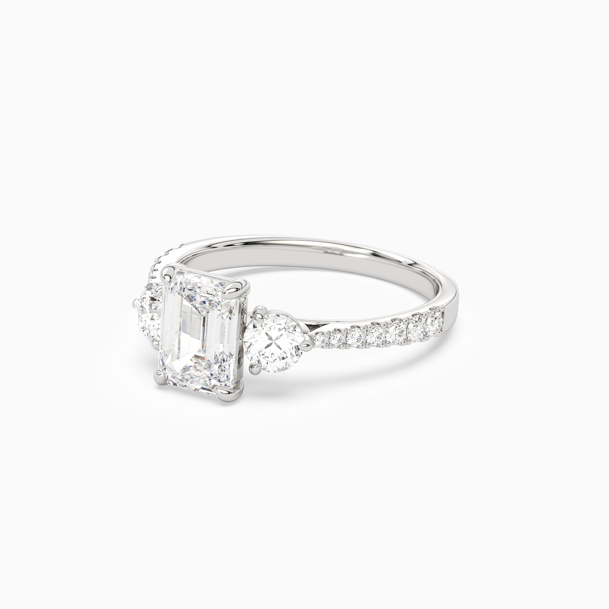 Emerald Round Side Three Stone Pavé in 18K White Gold top angle