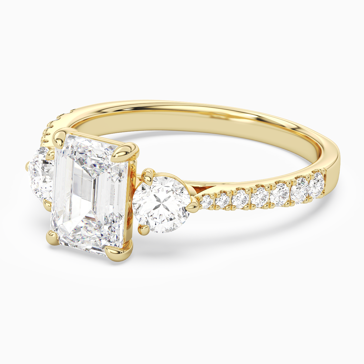 Emerald Round Side Three Stone Pavé in 18K Yellow Gold top angle