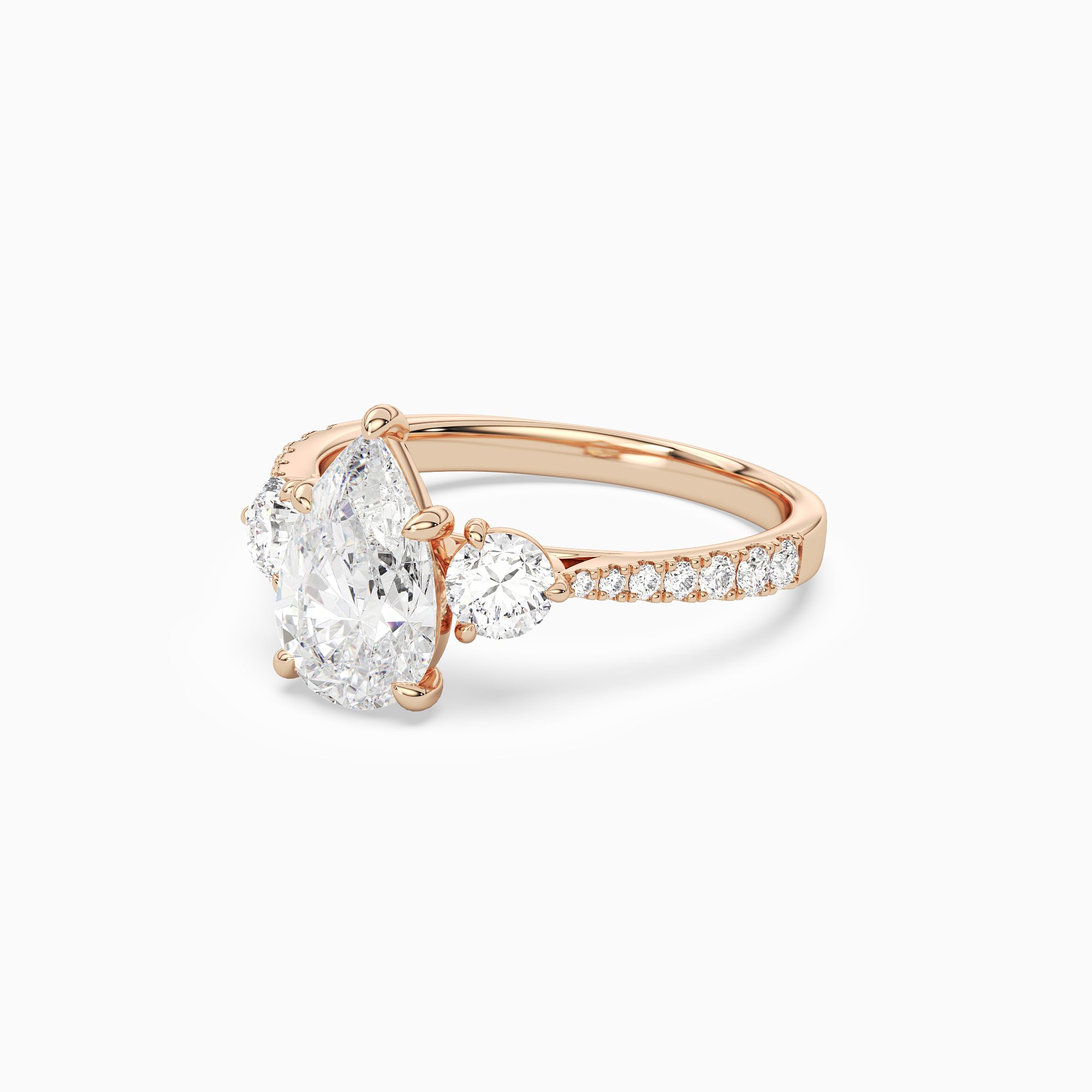 Pear Round Side Three Stone Pavé in 14K Rose Gold top angle
