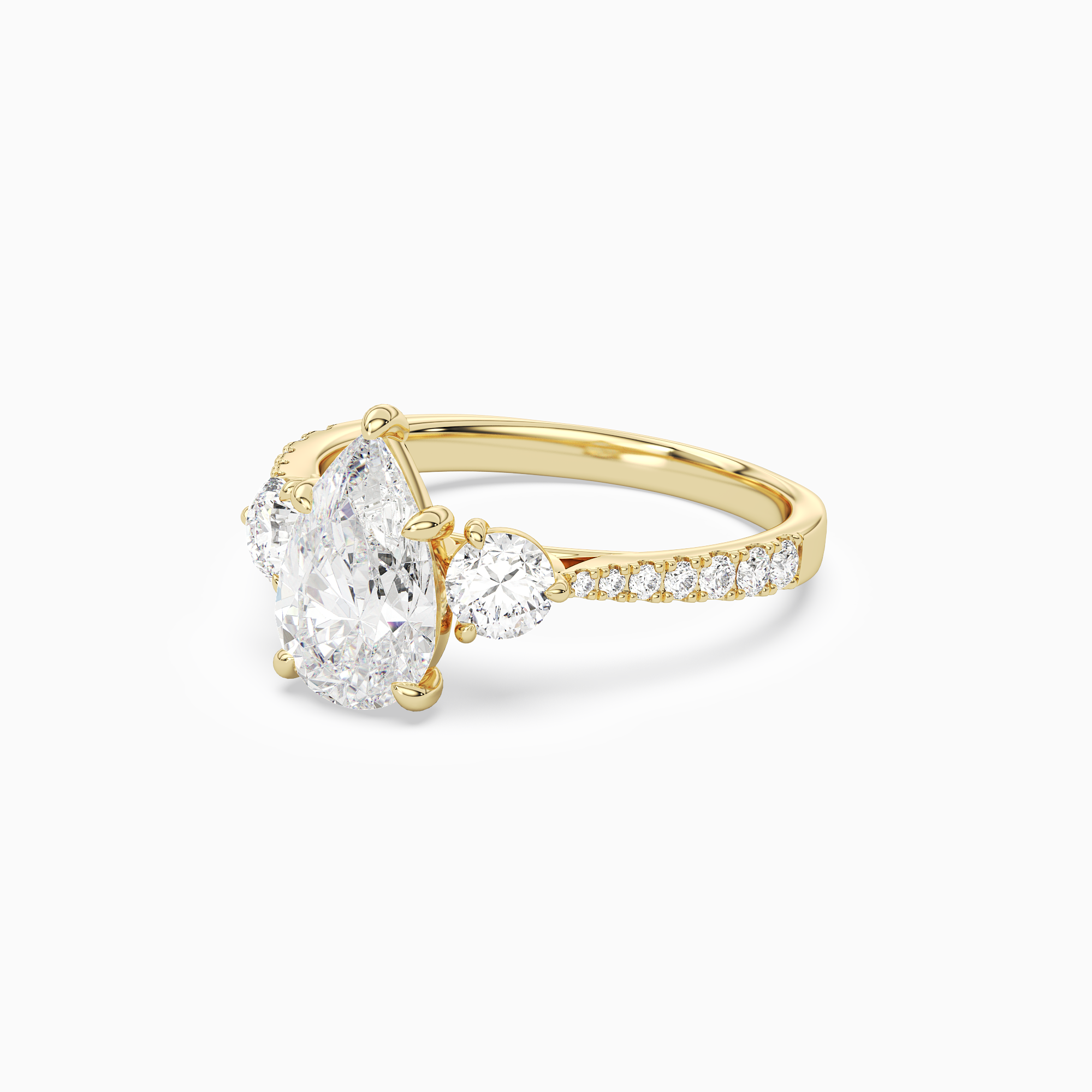Pear Round Side Three Stone Pavé in 14K Yellow Gold top angle